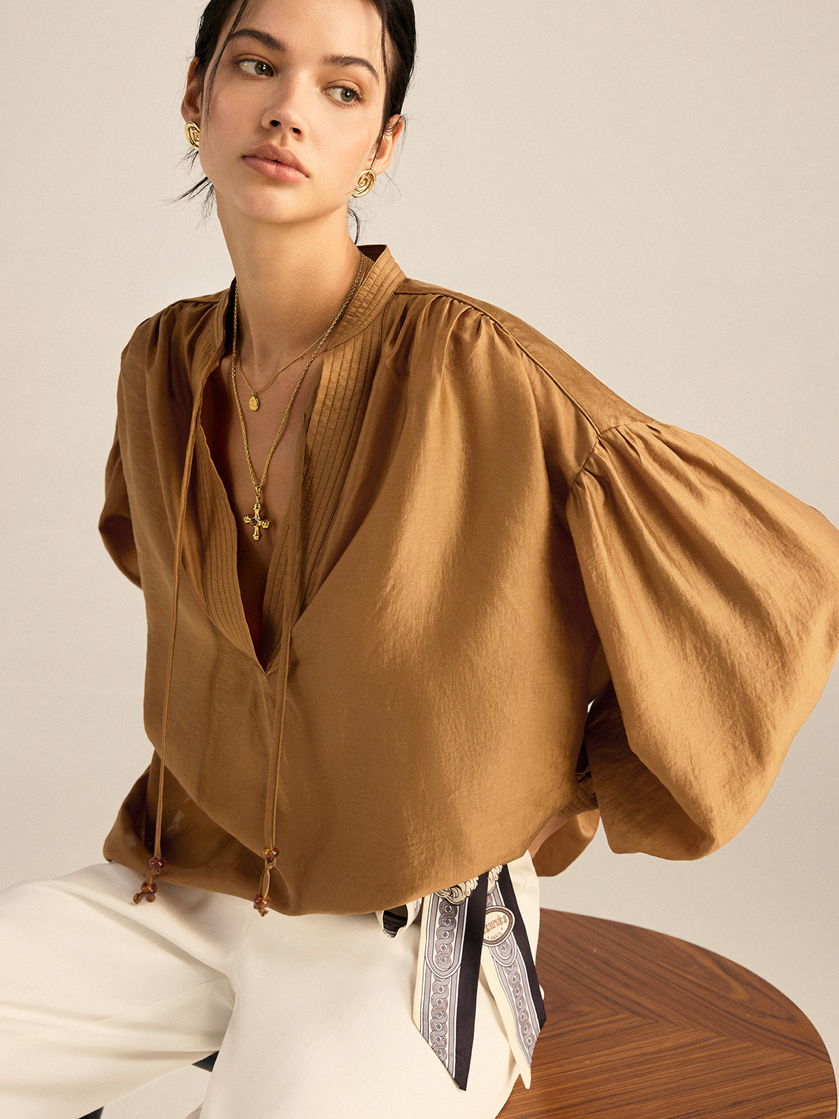 Oversized Tencel Tie Neck Blouse-Chicvia