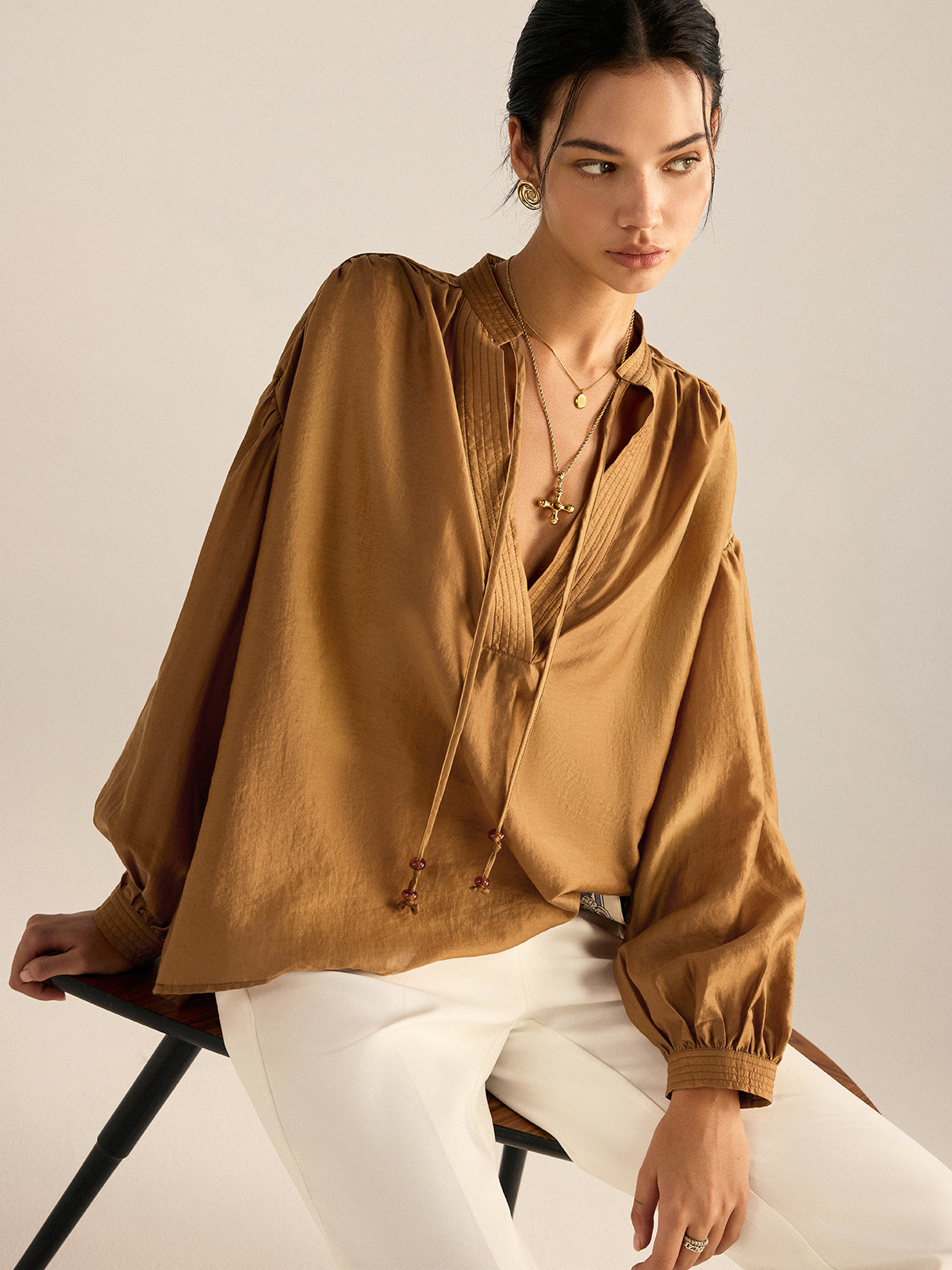 Oversized Tencel Tie Neck Blouse-Chicvia