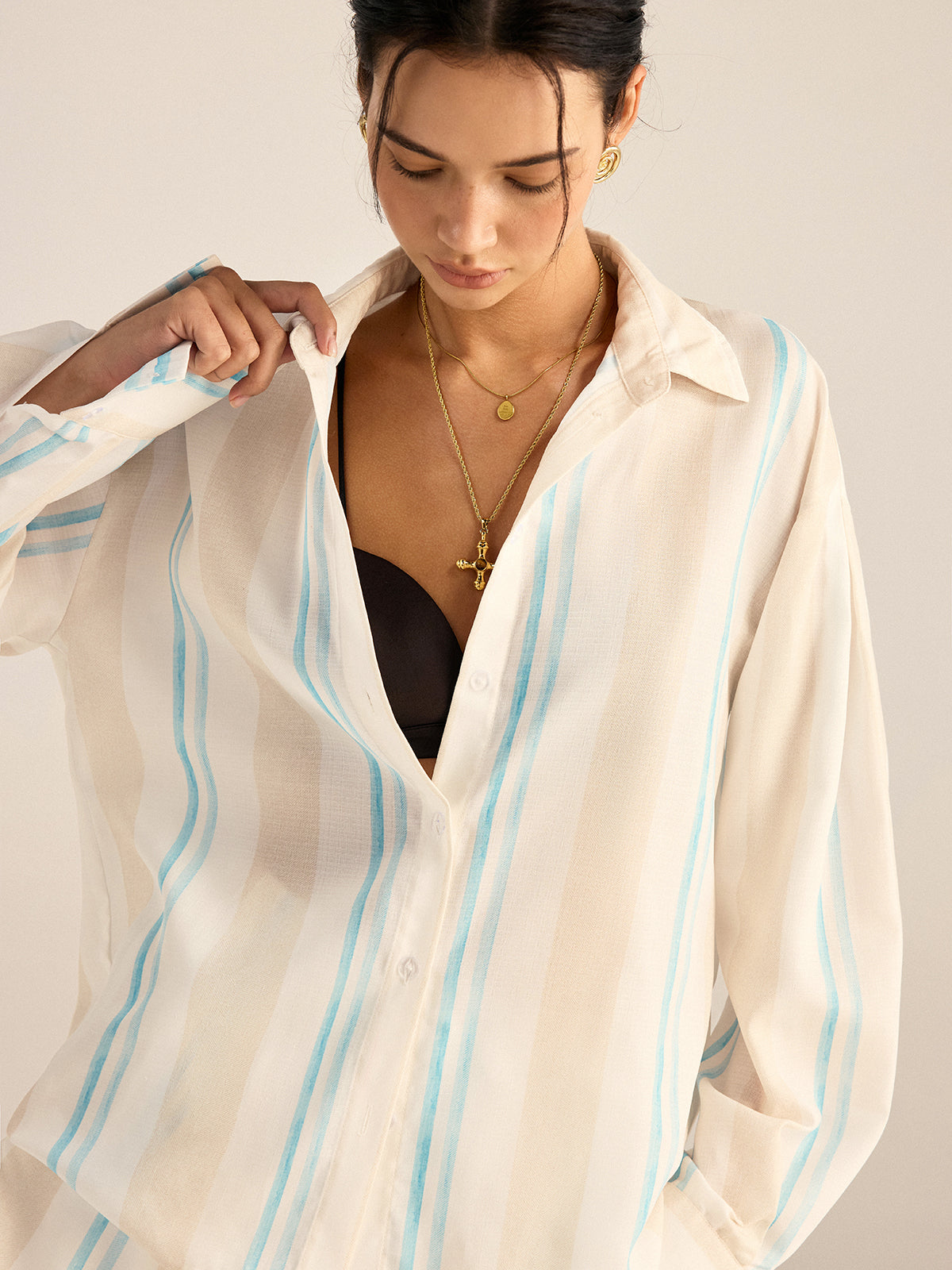 Color-Block Striped Oversized Shirt and Shorts Set-Chicvia