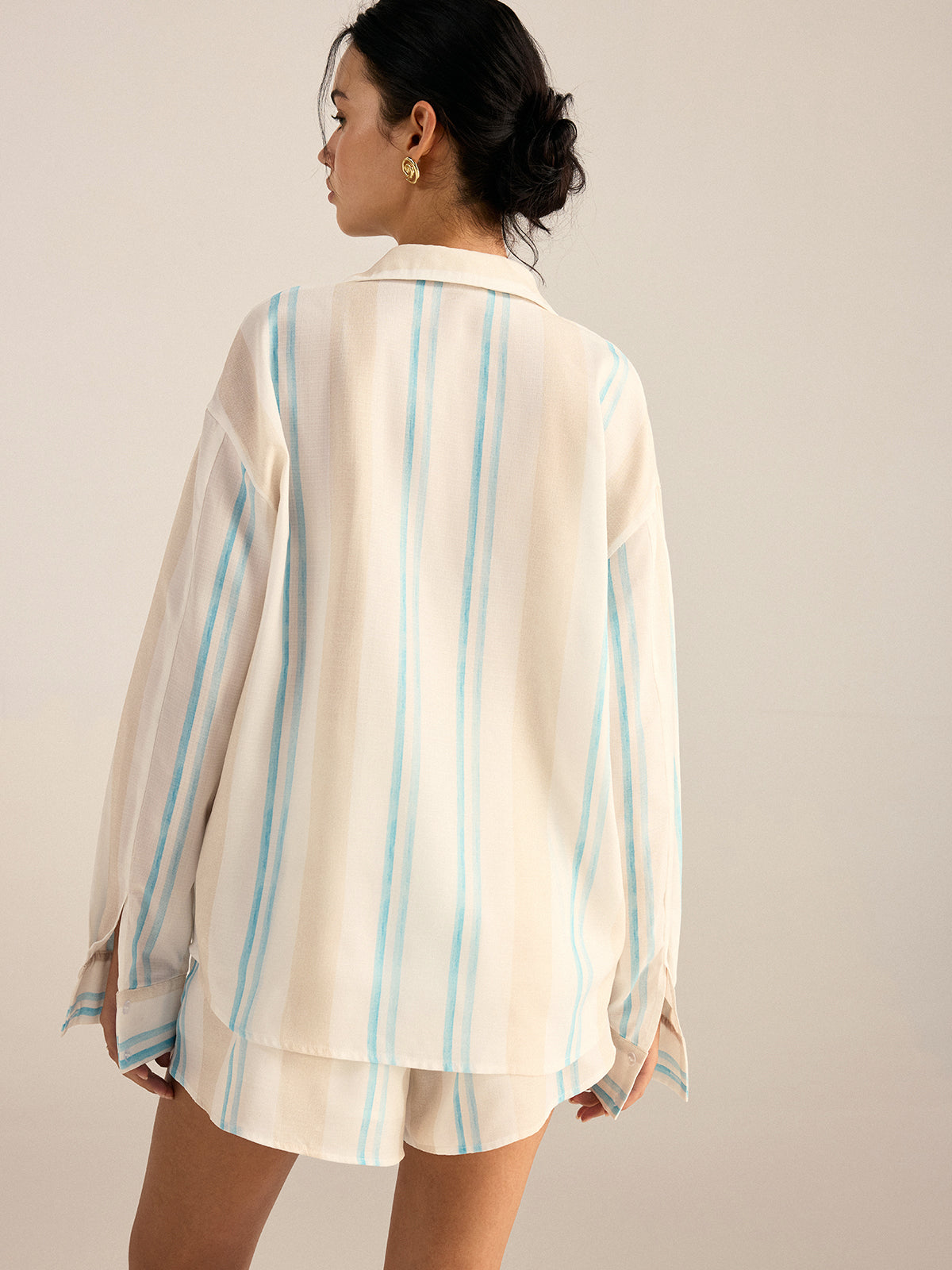 Color-Block Striped Oversized Shirt and Shorts Set-Chicvia