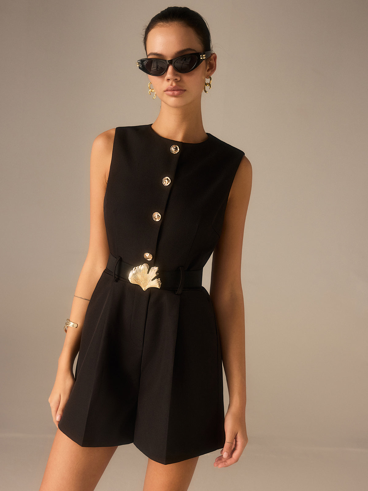 Metal Button Belted Jumpsuit-Chicvia