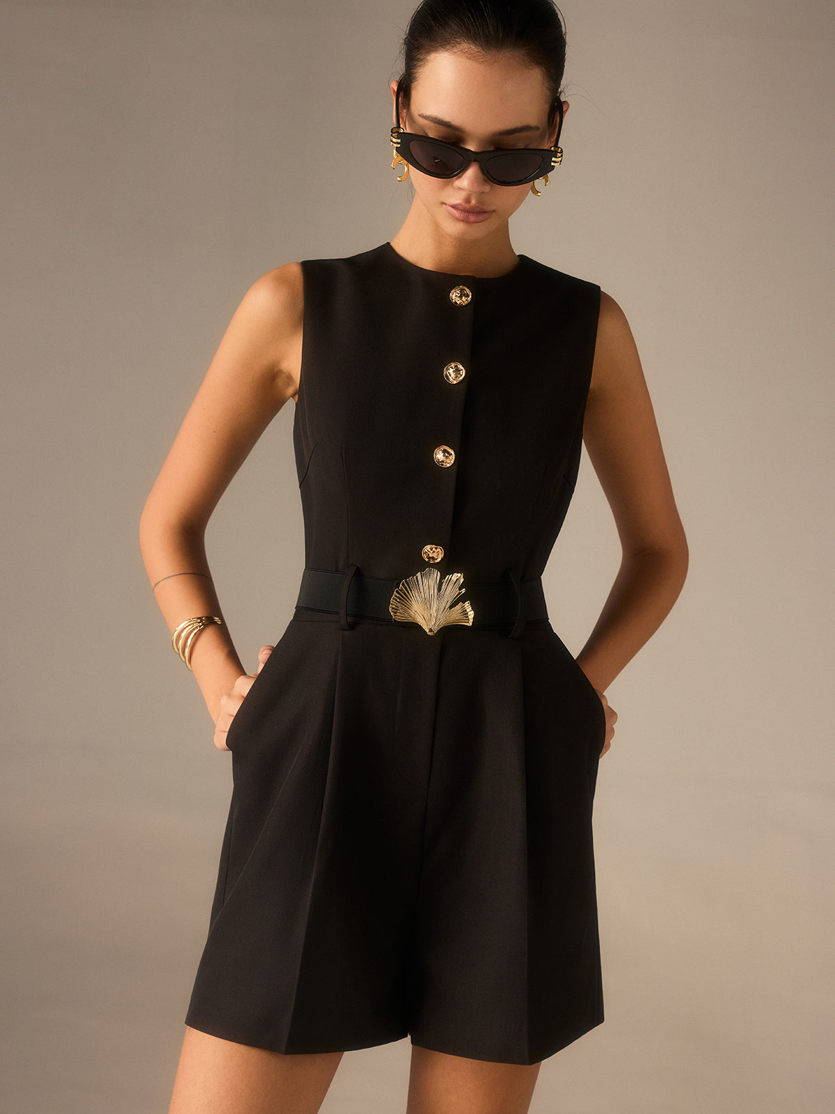 Metal Button Belted Jumpsuit-Chicvia