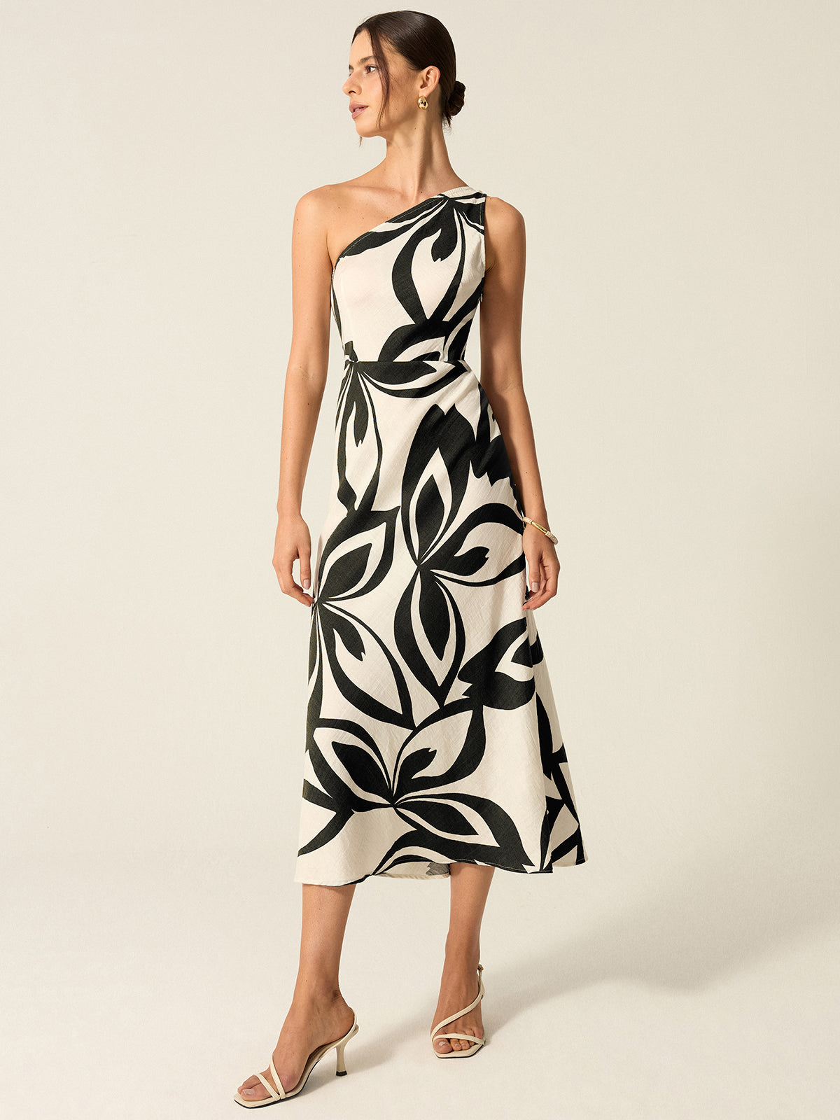 One-Shoulder Printed Midi Dress-Chicvia