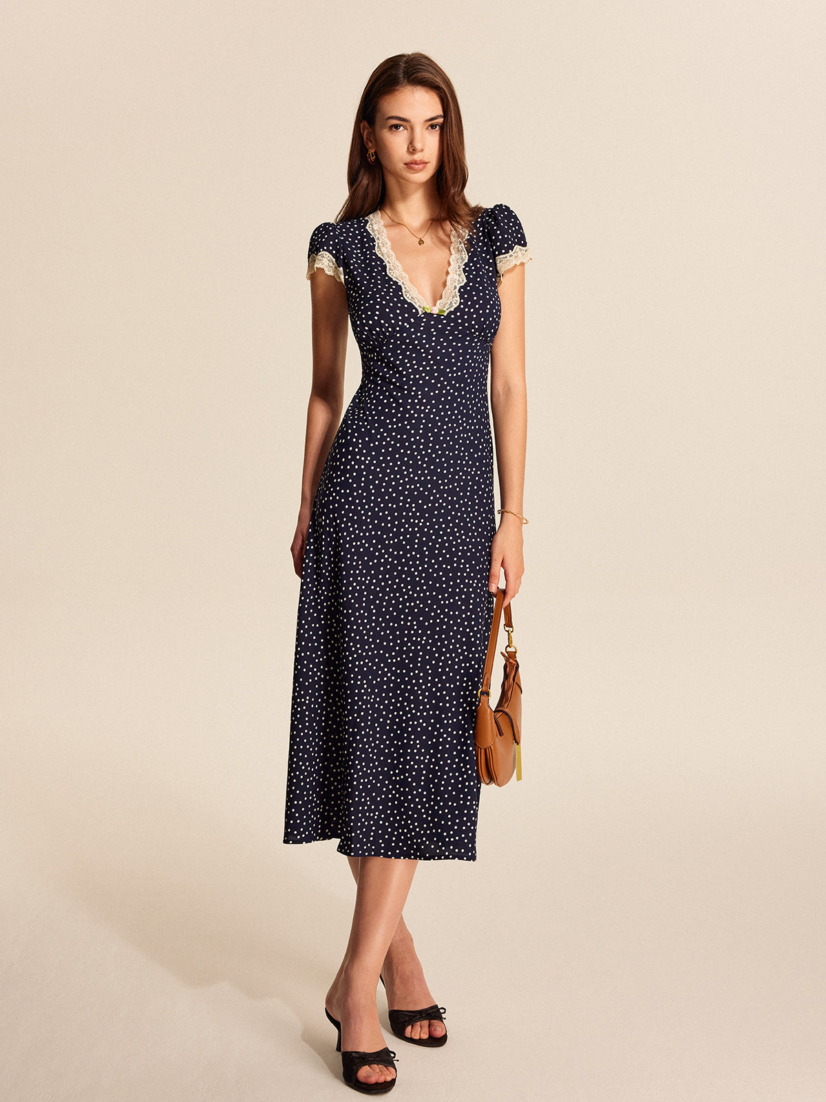 Polka Dot Lace-Trim Dress-Chicvia