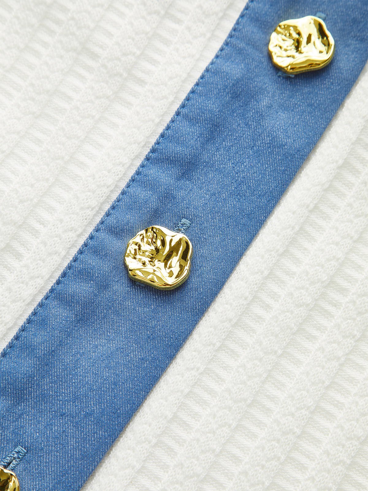 Denim-Trimmed Knit Mini Skirt with Metal Button-Chicvia