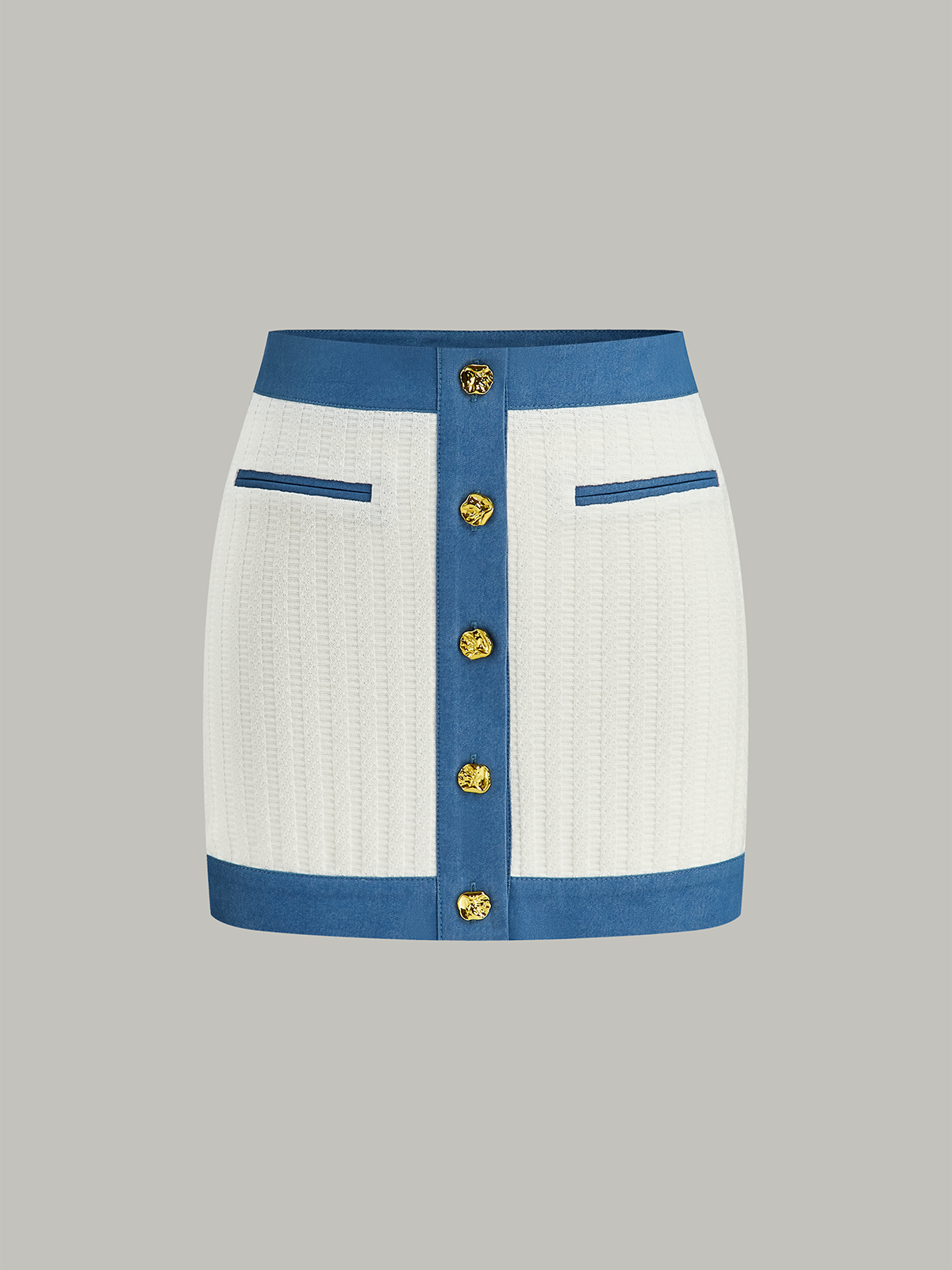 Denim-Trimmed Knit Mini Skirt with Metal Button-Chicvia