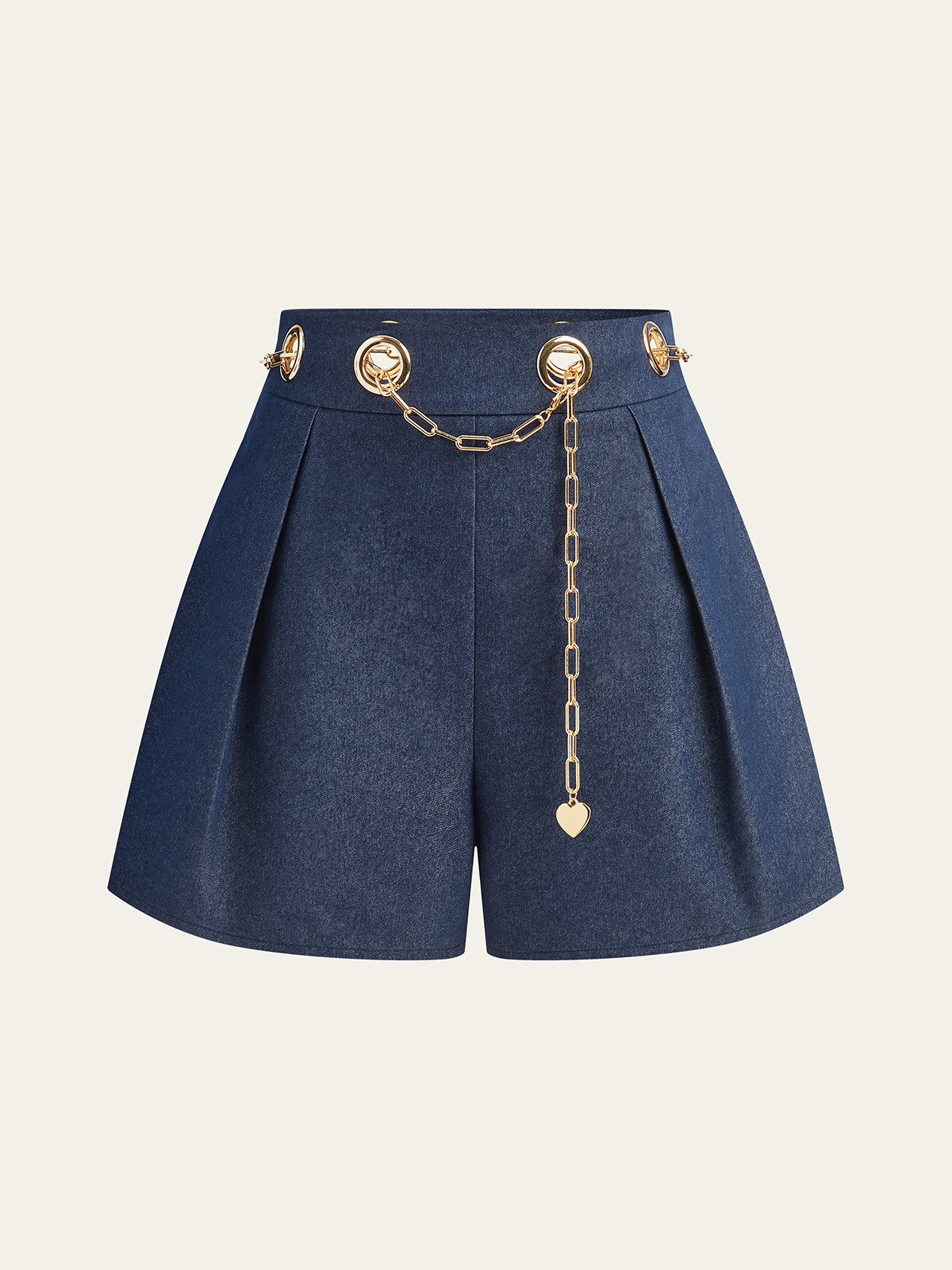 Faux Denim Shorts with Metal Chain Belt-Chicvia