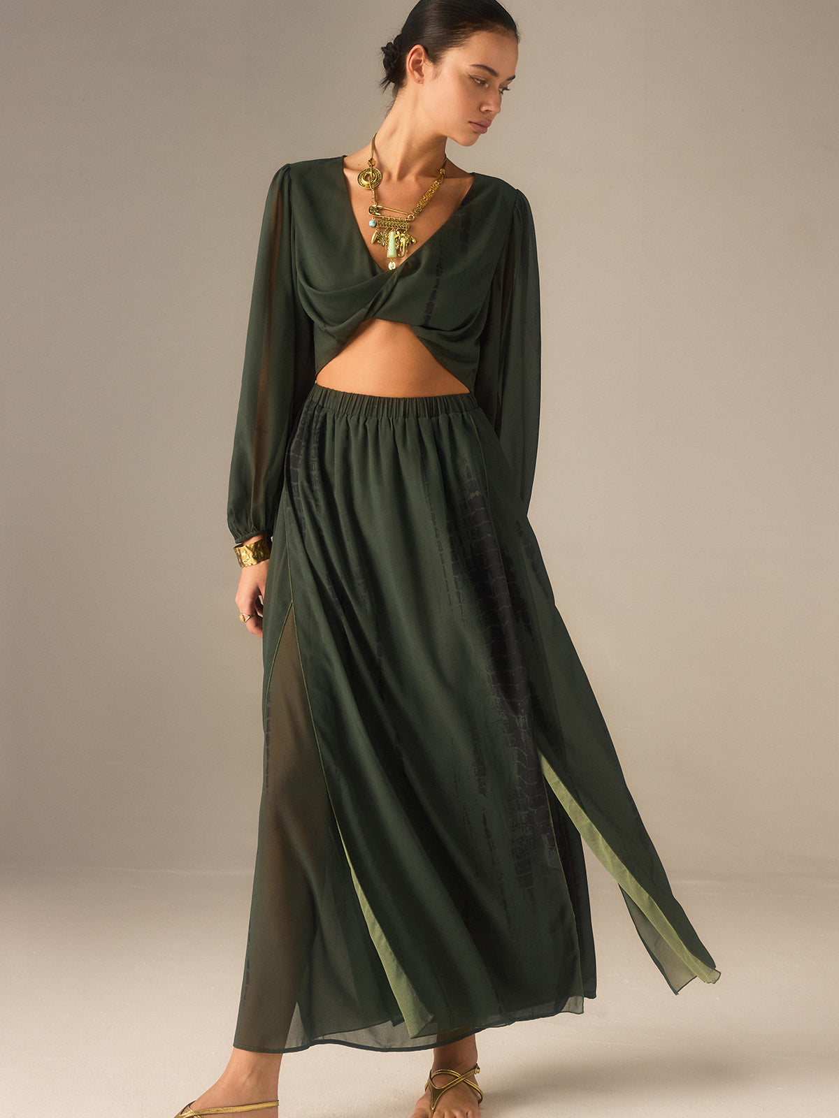 Chiffon Crop Top and Slit Maxi Skirt Set-Chicvia