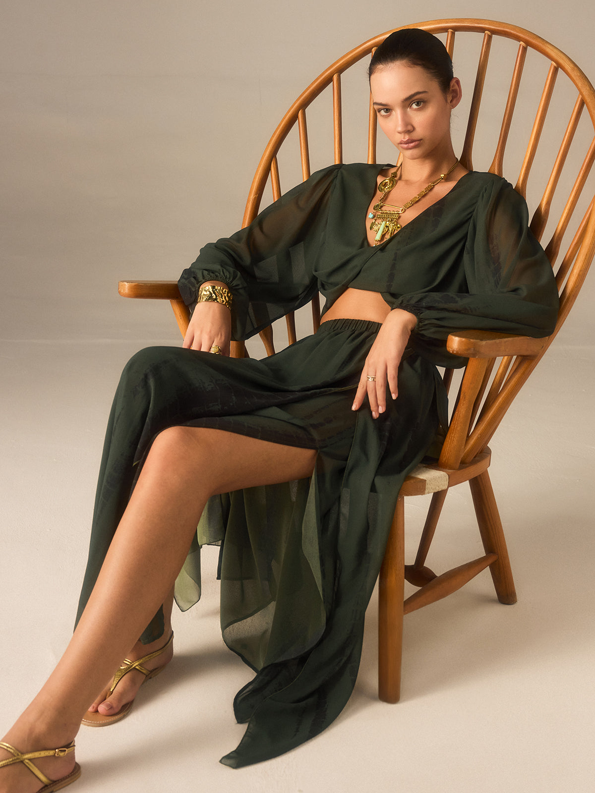 Chiffon Crop Top and Slit Maxi Skirt Set-Chicvia