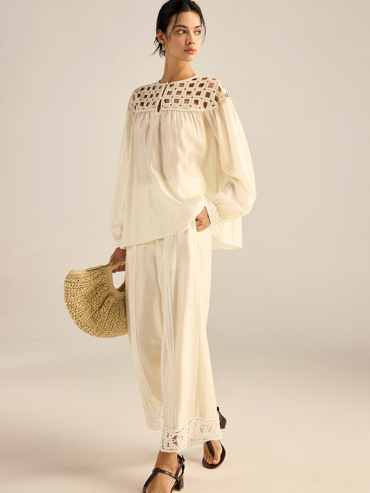 Crochet Tencel Wide-Leg Pants-Chicvia