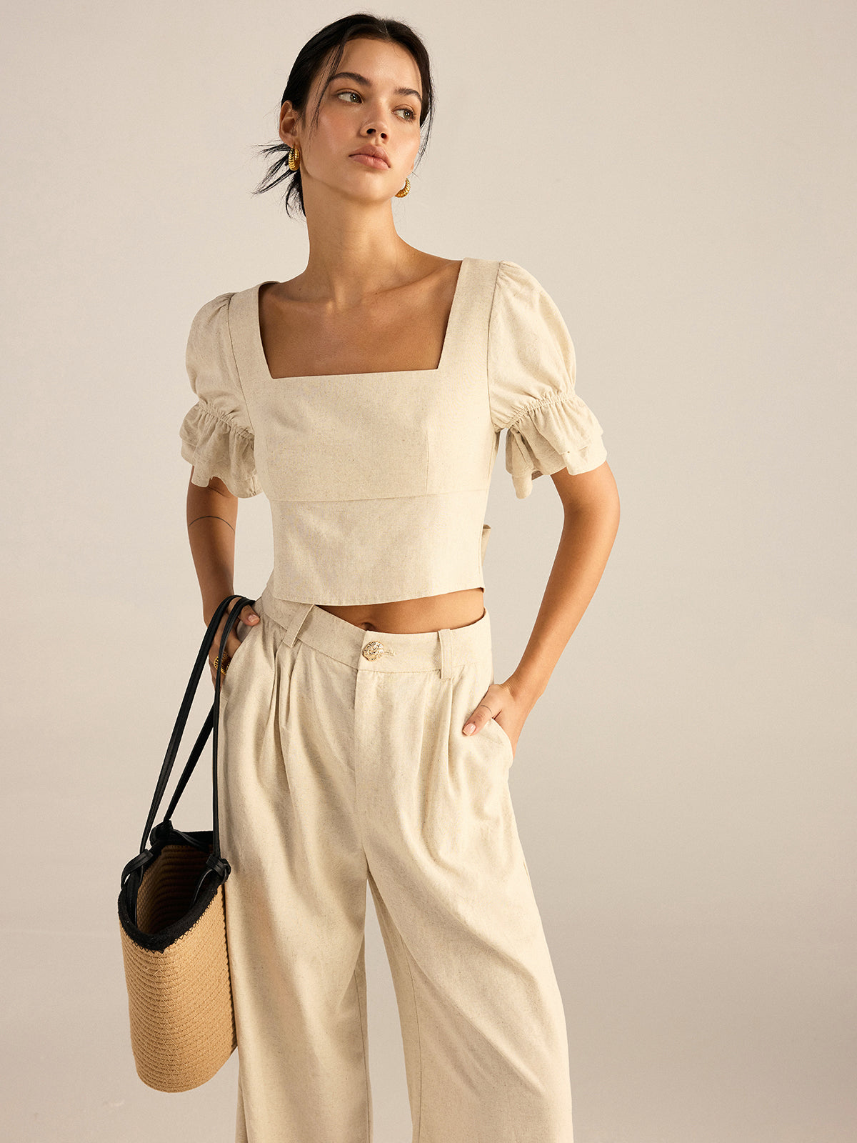 Cotton & Linen Puff-Sleeves Bow-Back Top and Pants Set-Chicvia