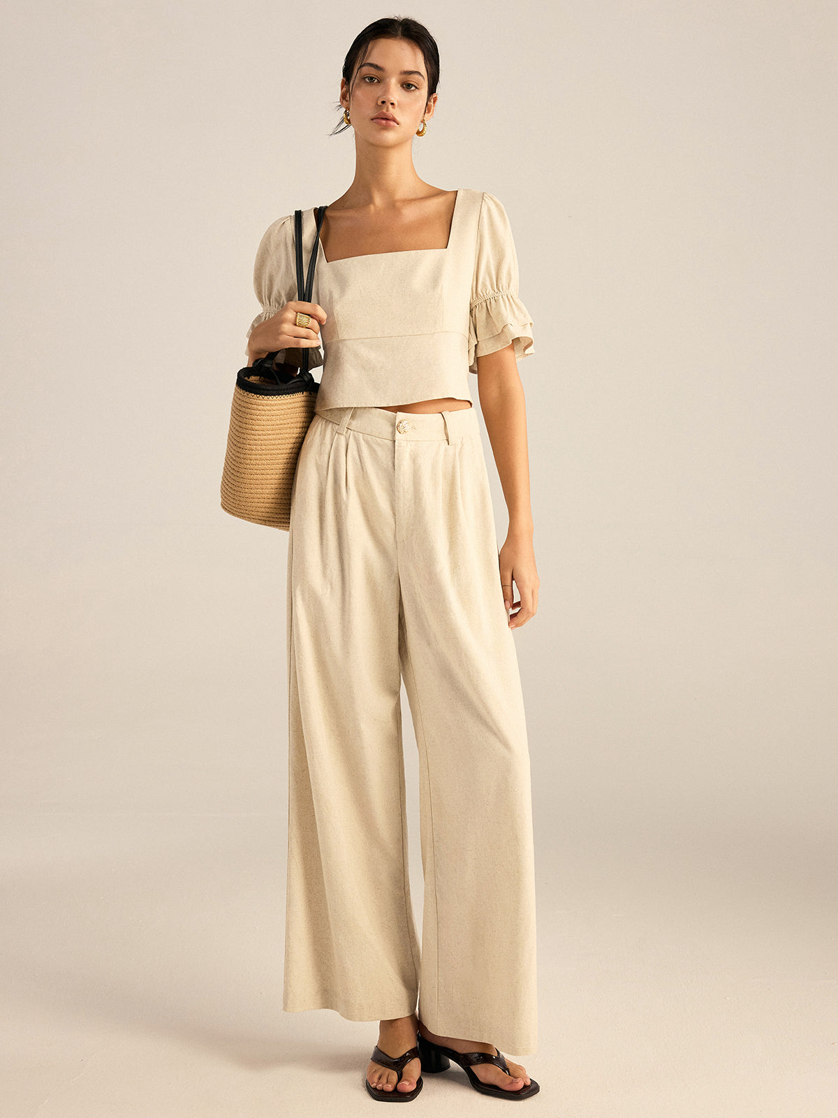 Cotton & Linen Puff-Sleeves Bow-Back Top and Pants Set-Chicvia
