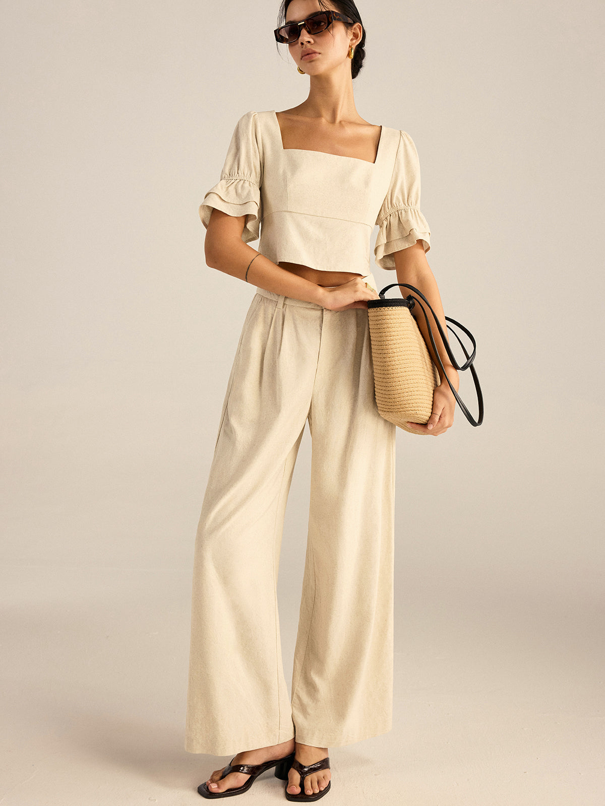 Cotton & Linen Puff-Sleeves Bow-Back Top and Pants Set-Chicvia