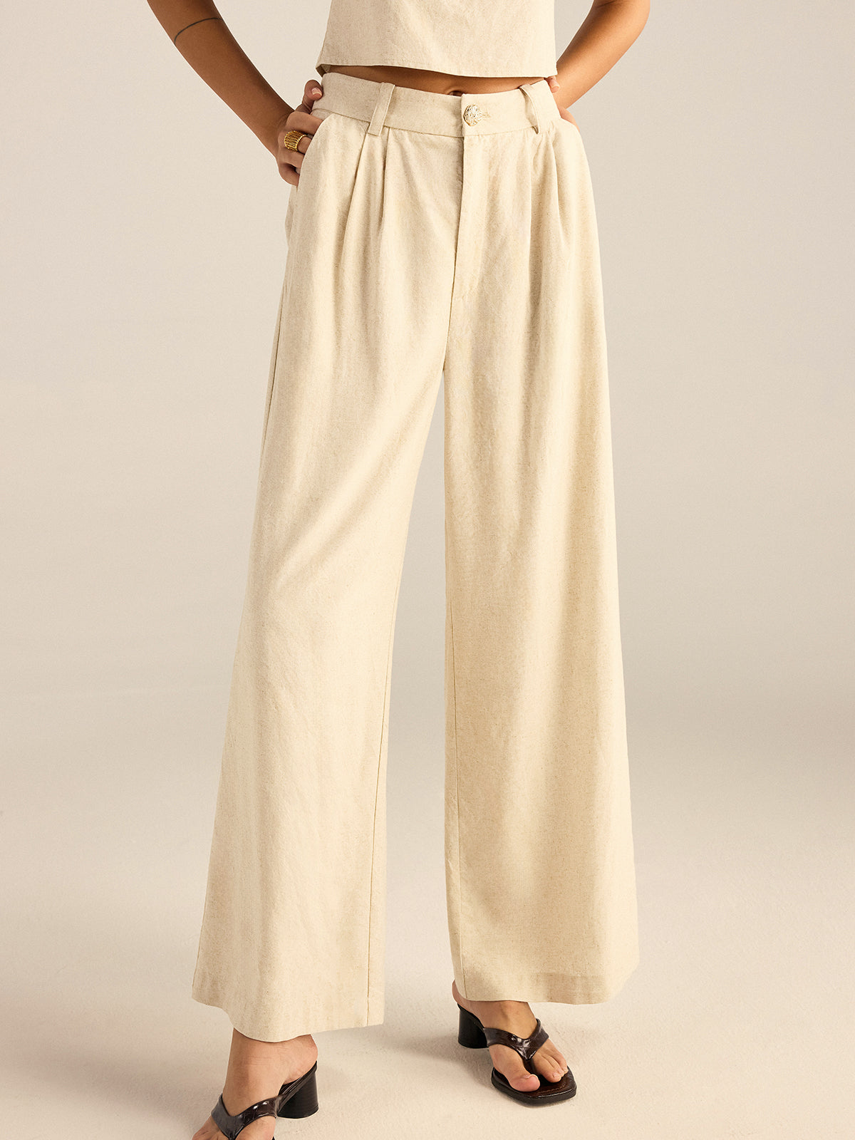 Cotton & Linen Puff-Sleeves Bow-Back Top and Pants Set-Chicvia
