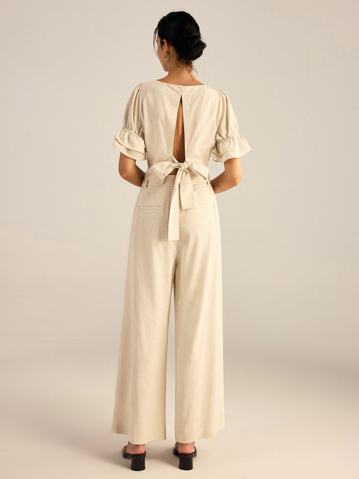 Cotton & Linen Puff-Sleeves Bow-Back Top and Pants Set-Chicvia