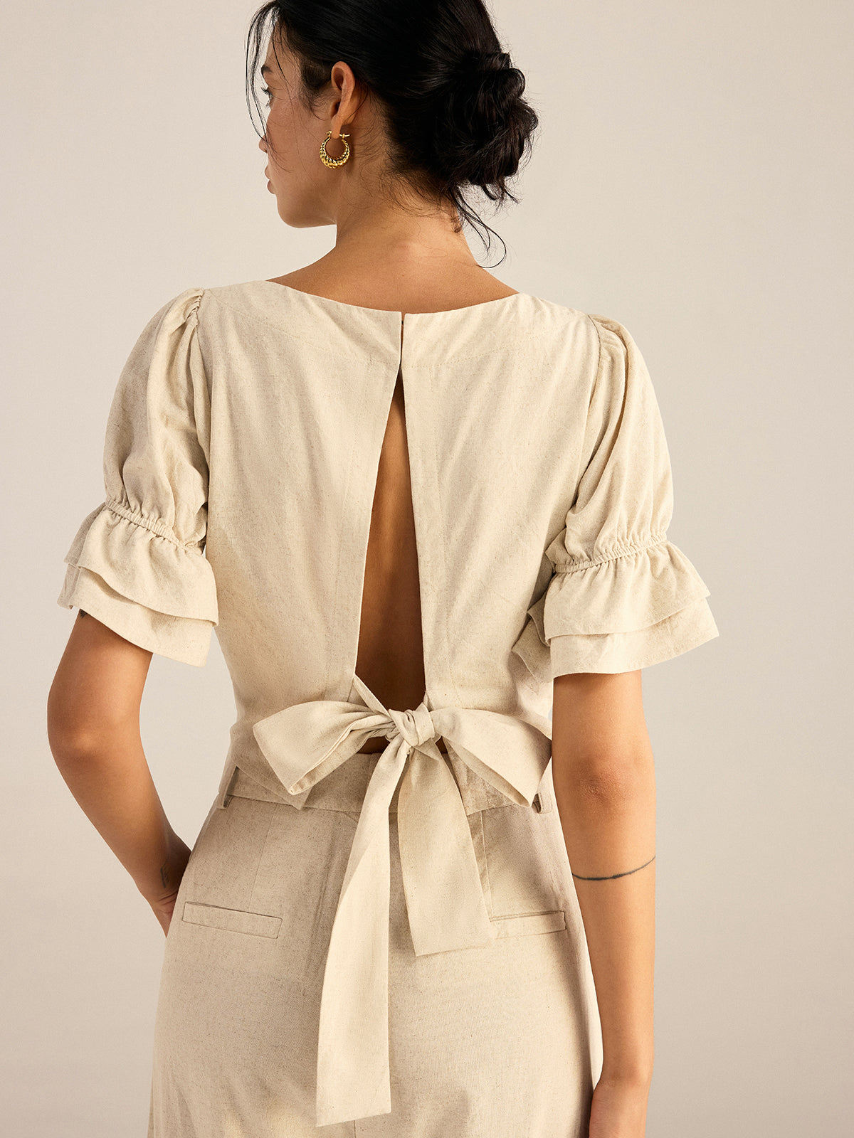 Cotton & Linen Puff-Sleeves Bow-Back Top and Pants Set-Chicvia