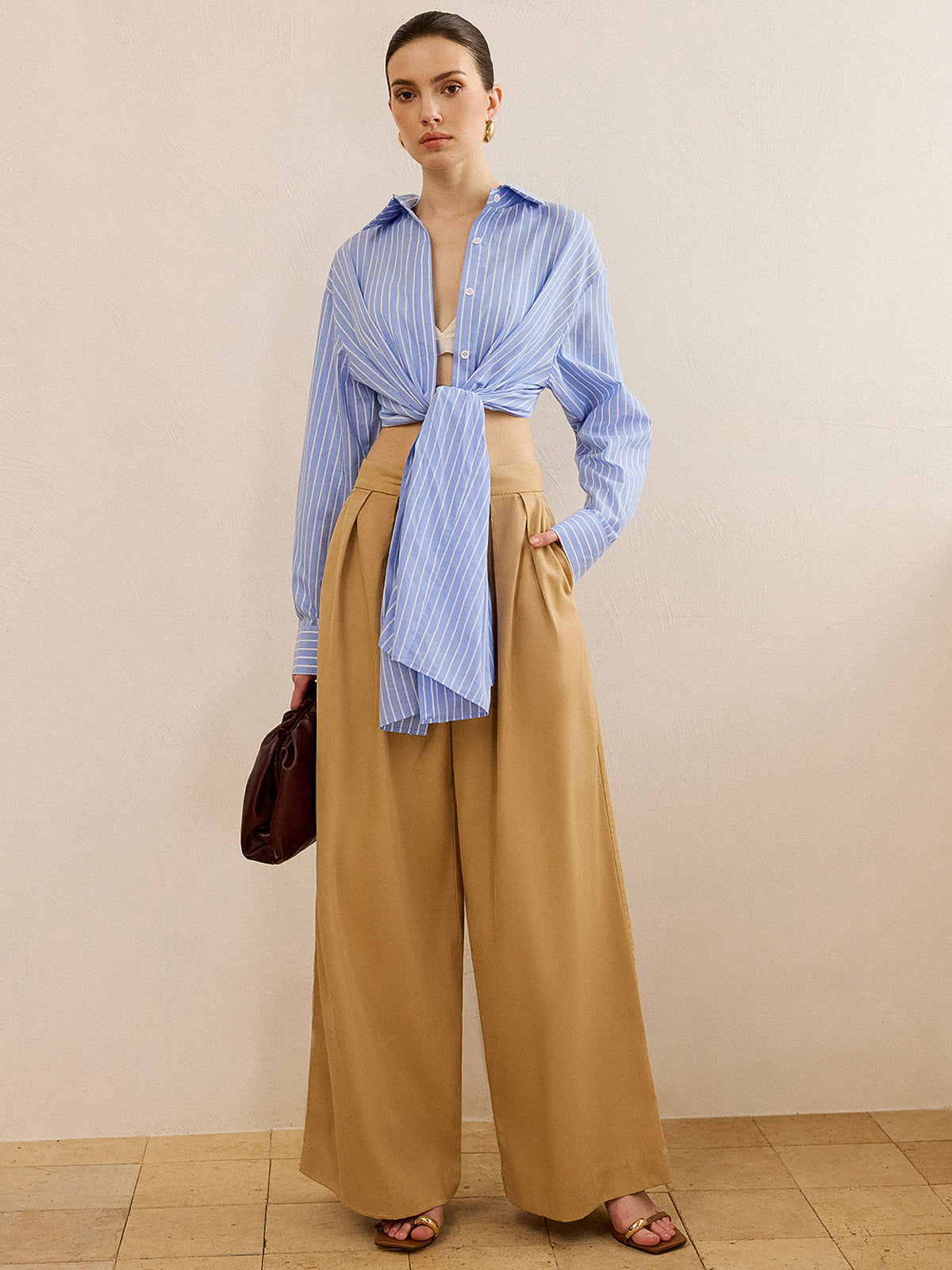 Oversized Striped Knotted Shirt-Chicvia