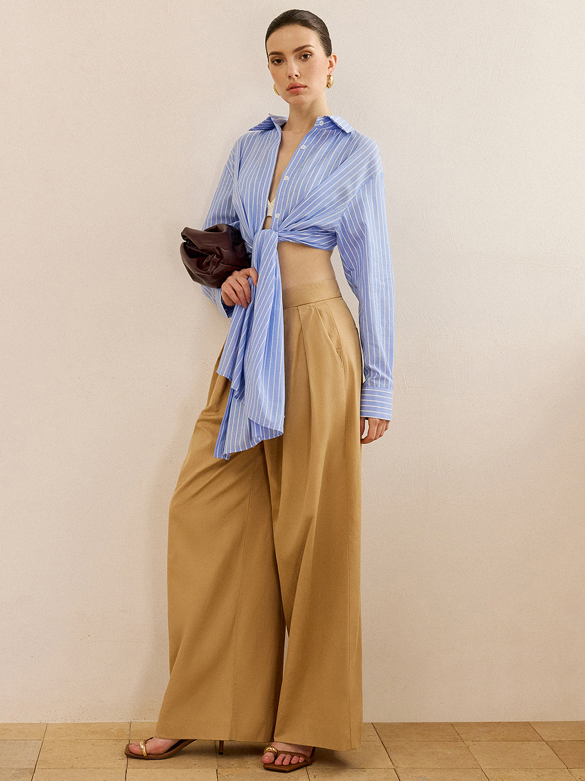 Oversized Striped Knotted Shirt-Chicvia