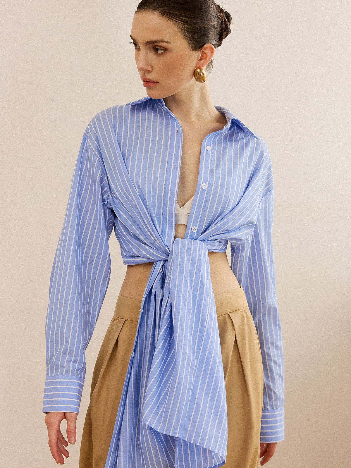 Oversized Striped Knotted Shirt-Chicvia