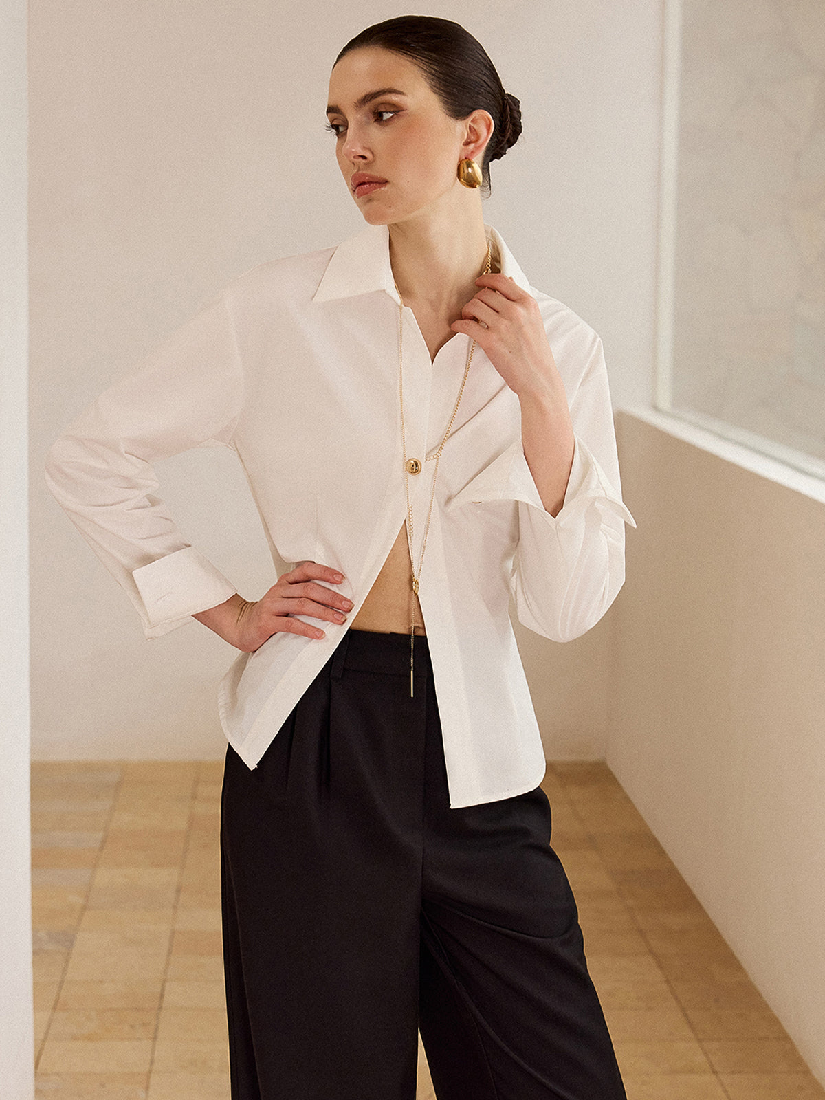 Metal Button Long-Sleeve Shirt-Chicvia