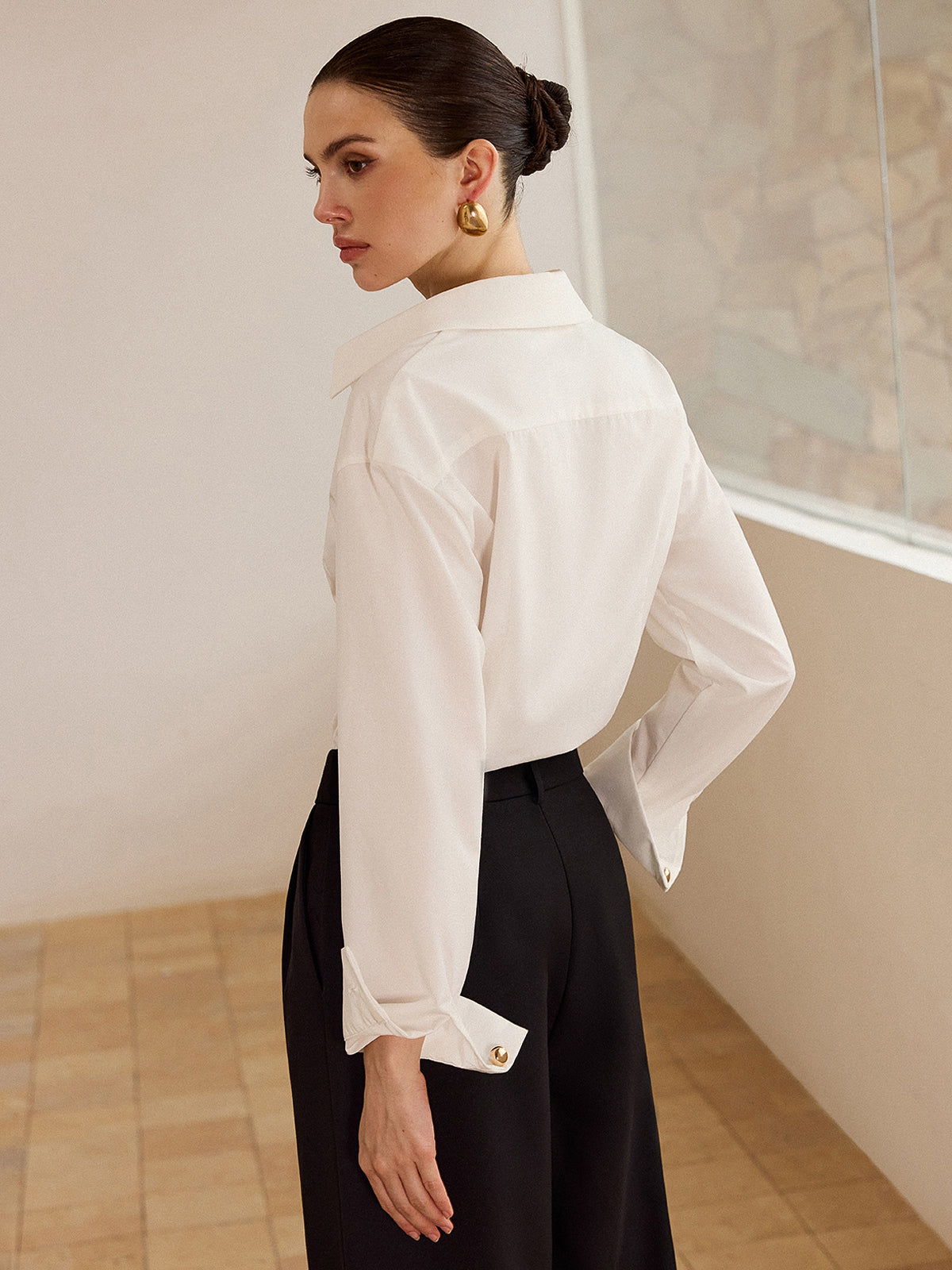 Metal Button Long-Sleeve Shirt-Chicvia