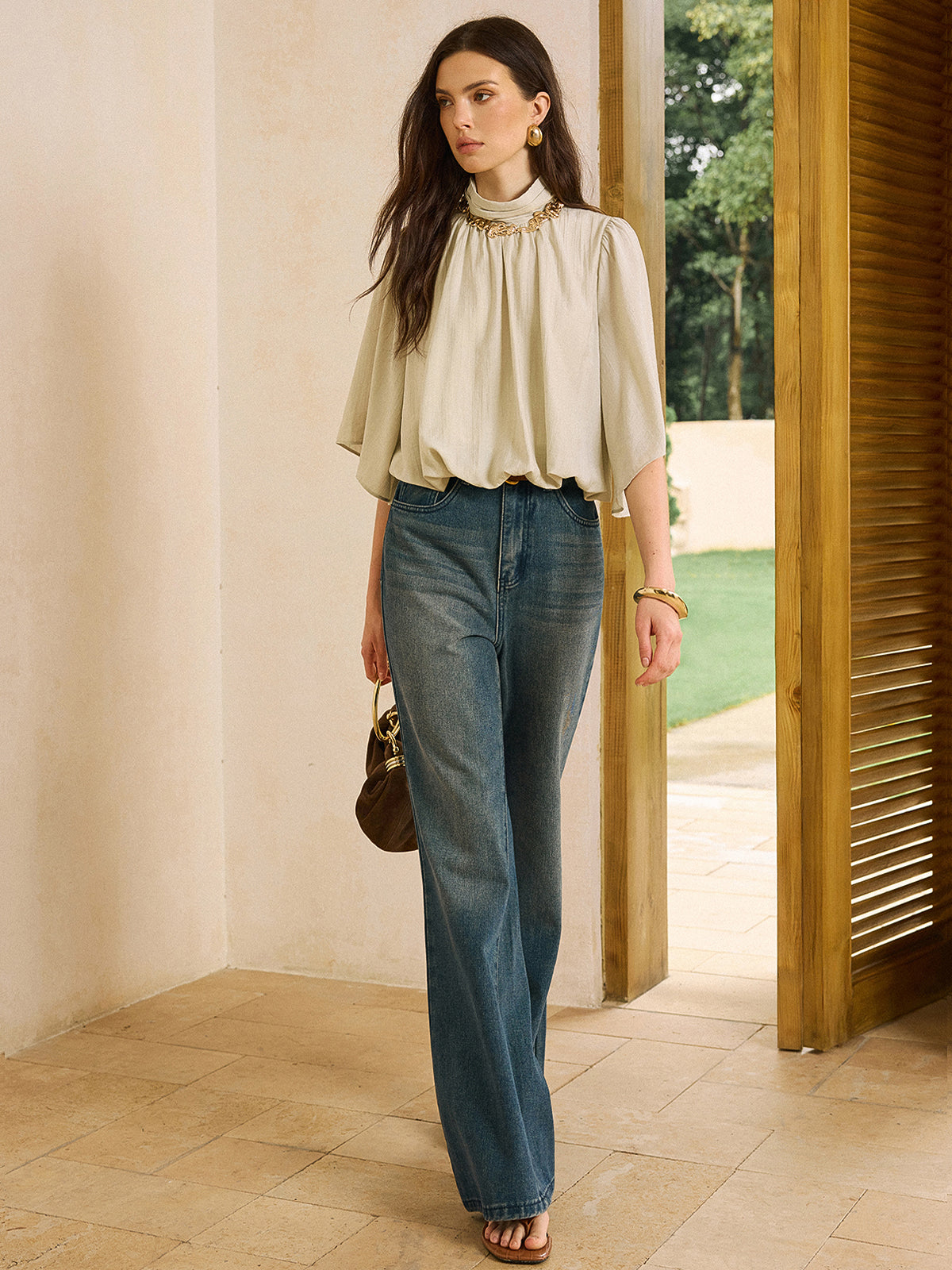 Elastic Hem Half-Sleeve Shirt-Chicvia