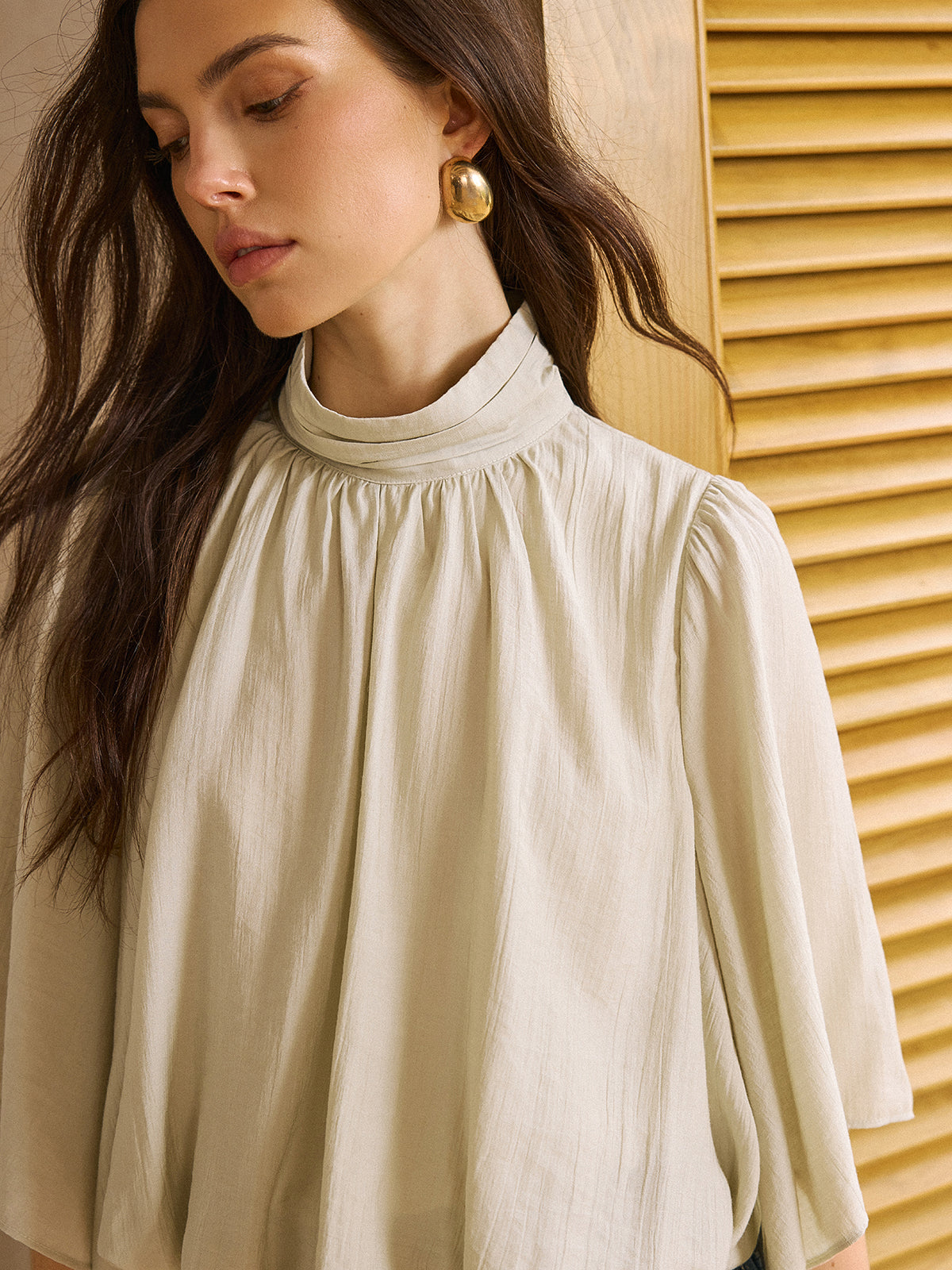 Elastic Hem Half-Sleeve Shirt-Chicvia