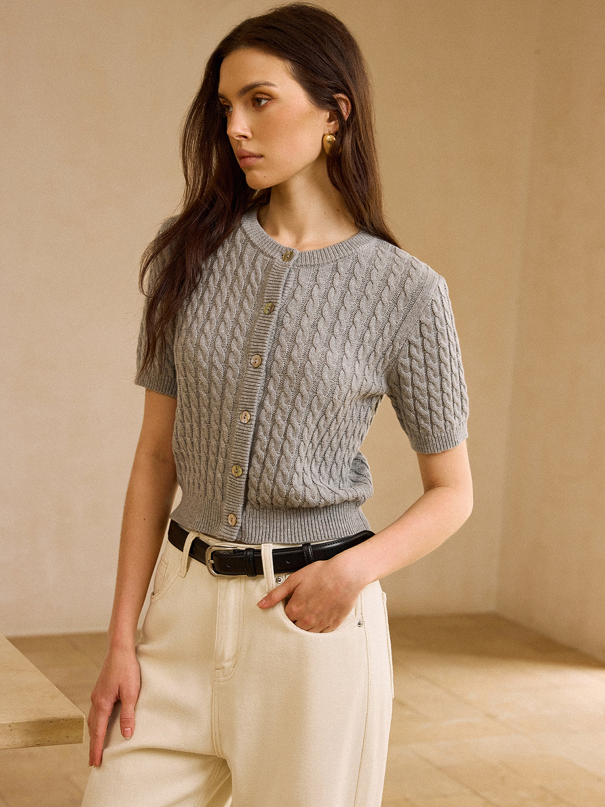 Cable Knit Short-Sleeve Cardigan-Chicvia