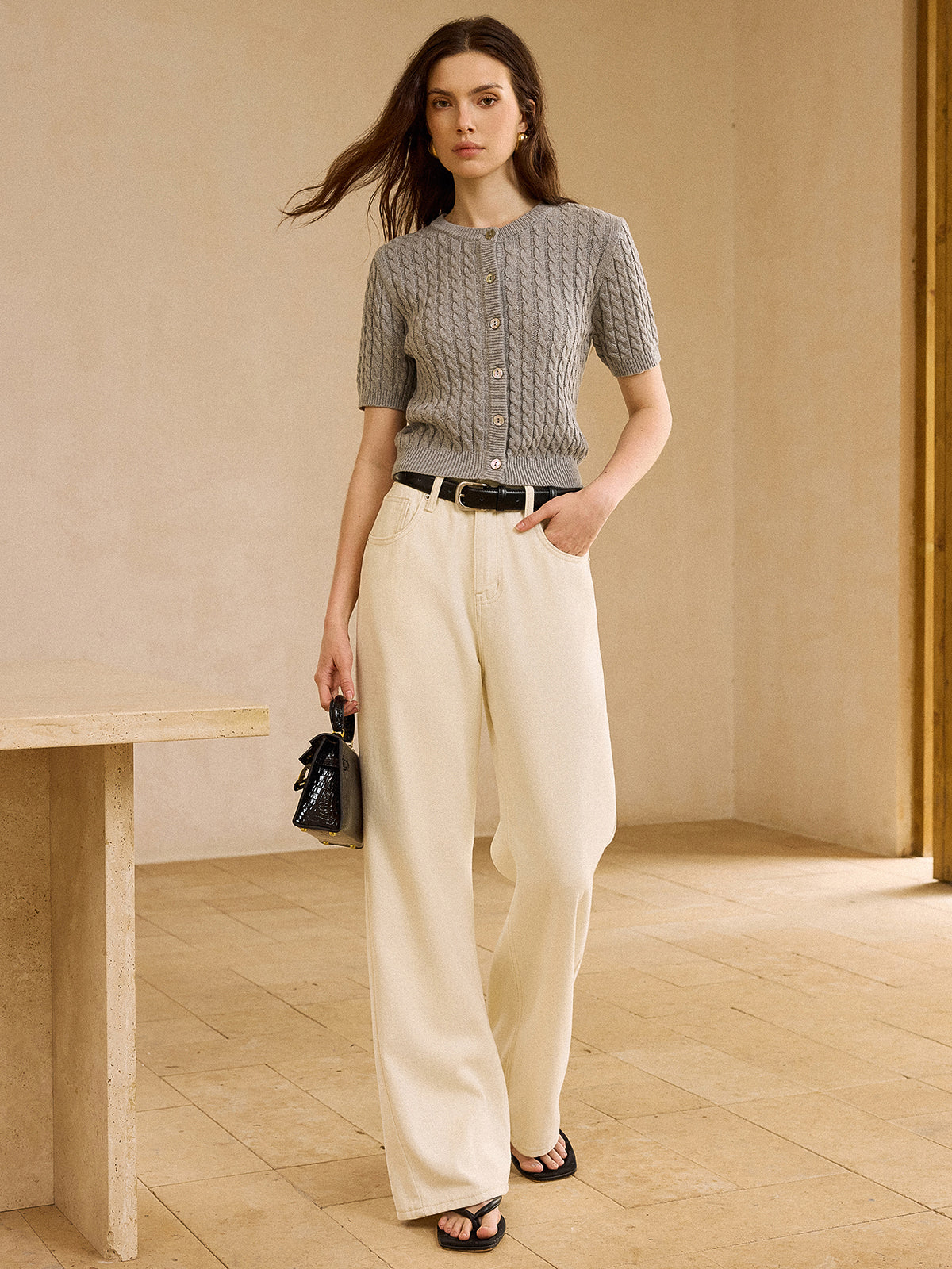 Cable Knit Short-Sleeve Cardigan-Chicvia