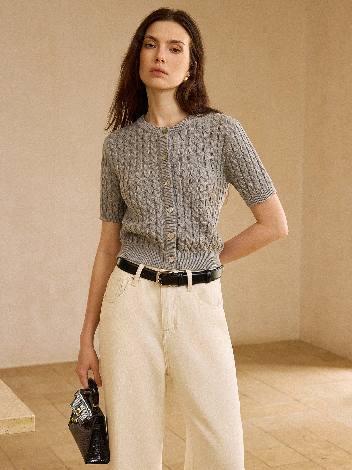 Cable Knit Short-Sleeve Cardigan-Chicvia