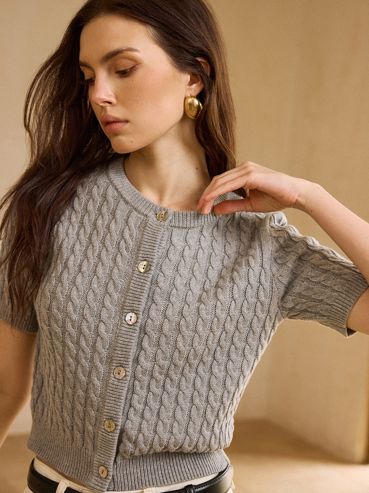 Cable Knit Short-Sleeve Cardigan-Chicvia
