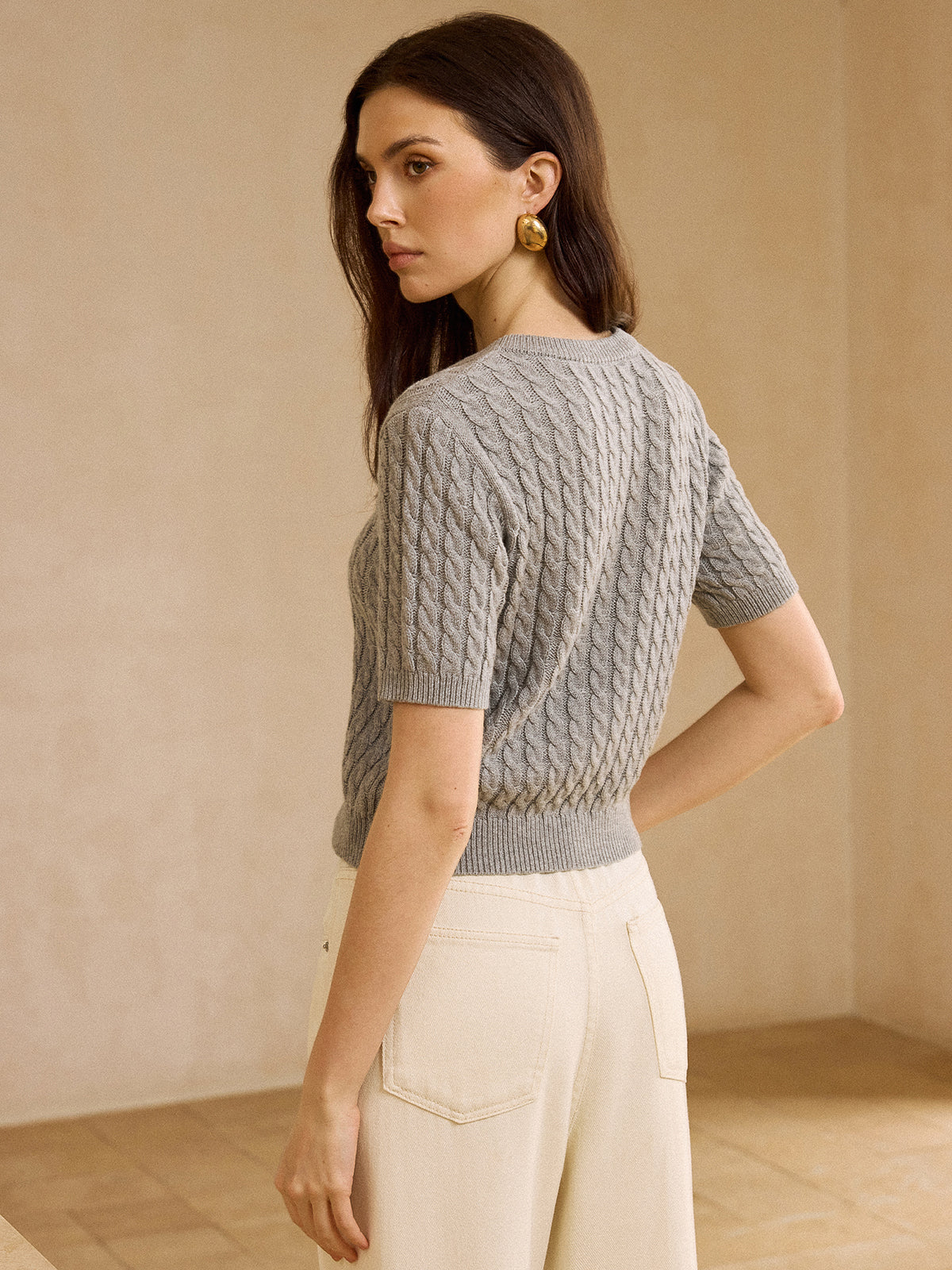 Cable Knit Short-Sleeve Cardigan-Chicvia