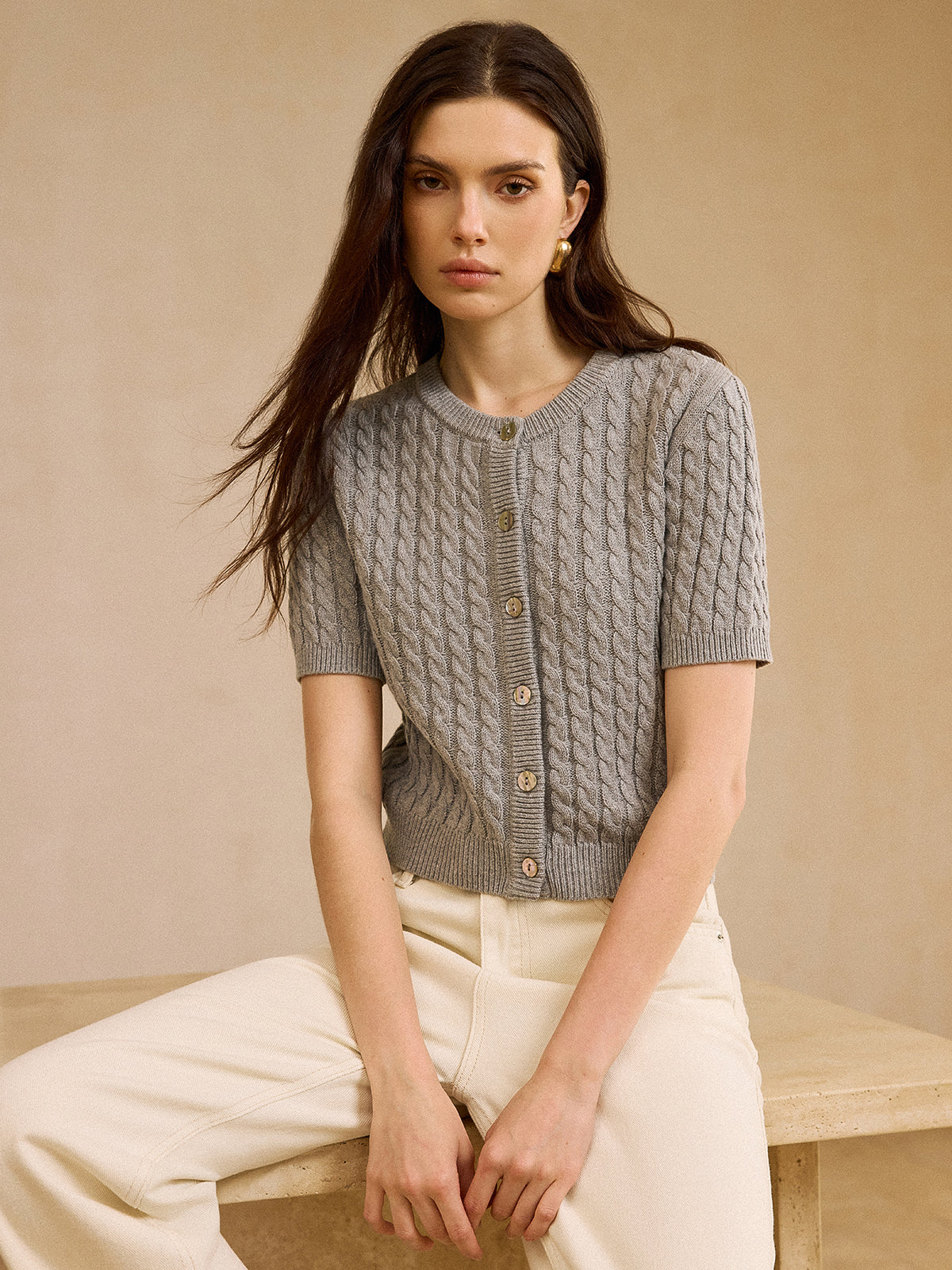 Cable Knit Short-Sleeve Cardigan-Chicvia