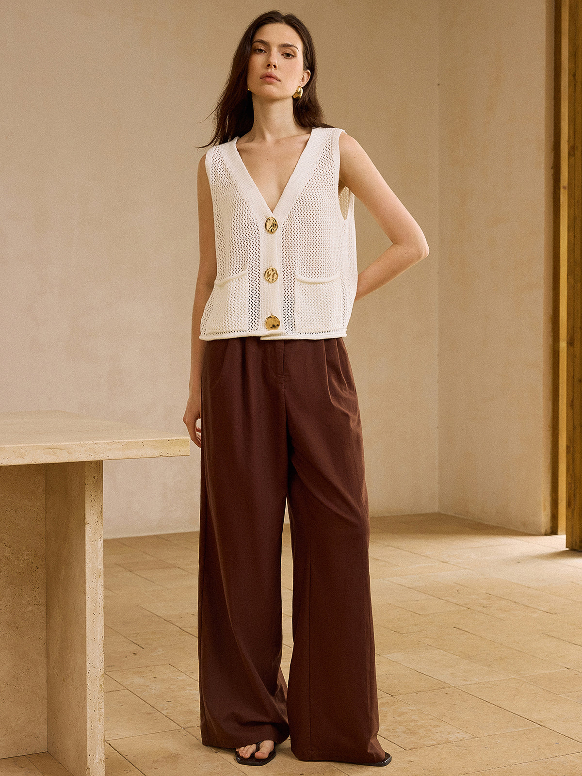 Crochet Button-Front Knit Vest-Chicvia