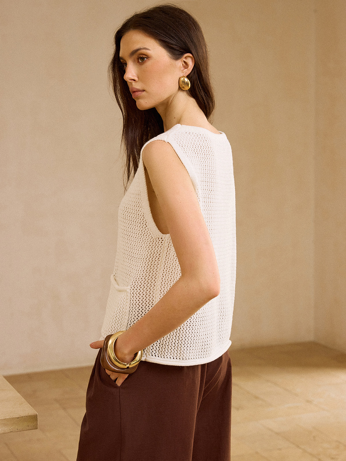 Crochet Button-Front Knit Vest-Chicvia