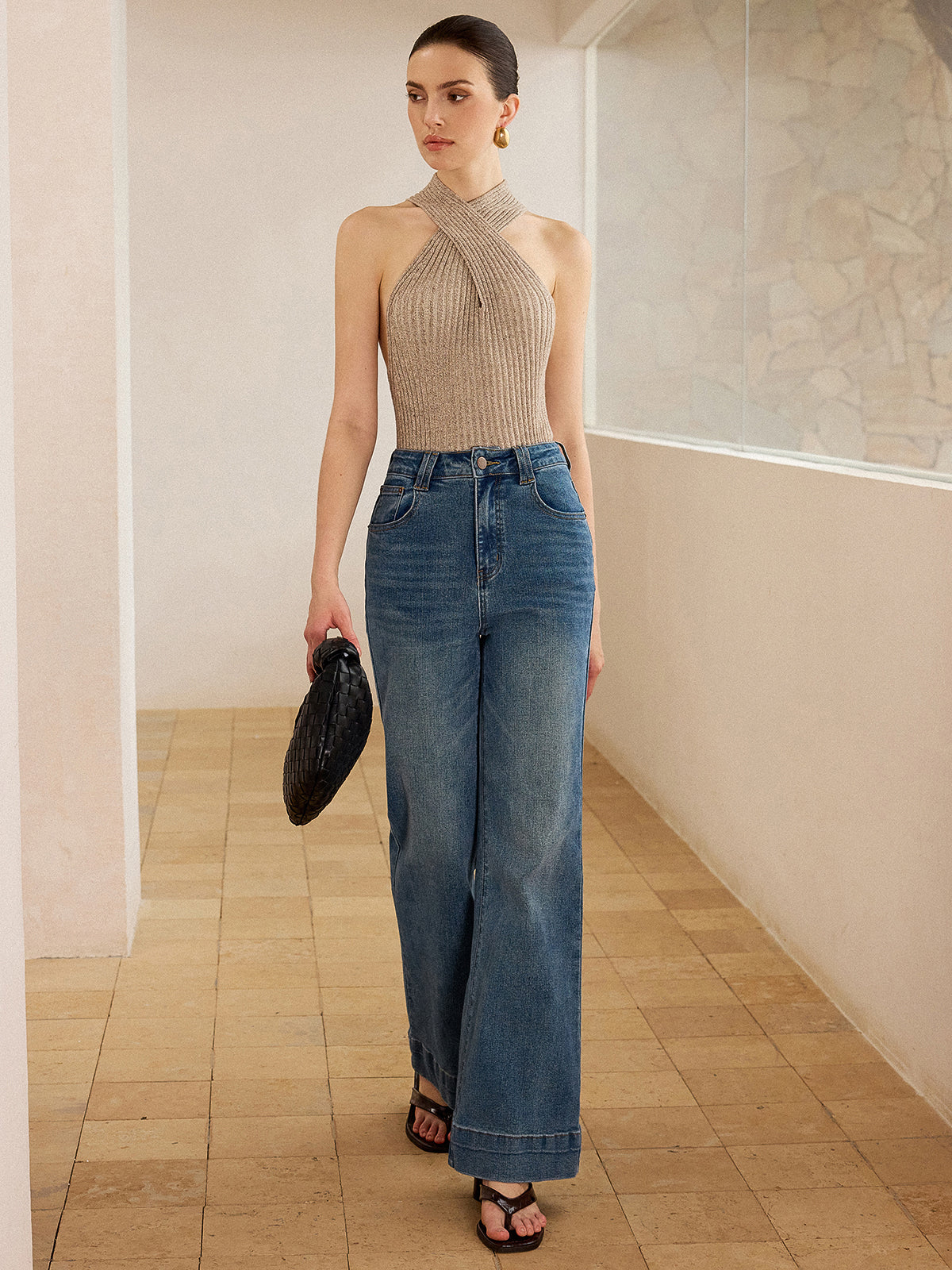 Cross-Strap Halter Neck Knit Top-Chicvia