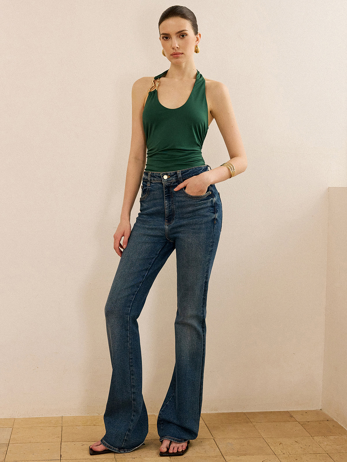 Metal Detailed Halter Neck Backless Top-Chicvia