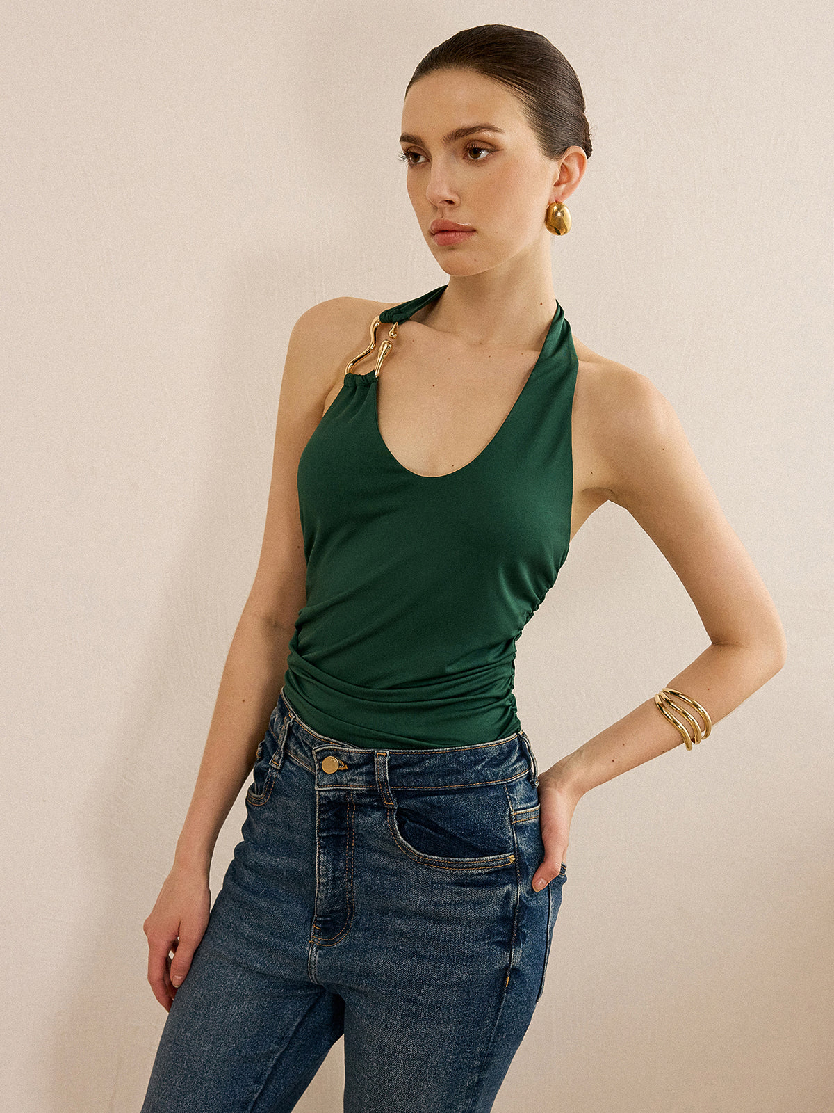 Metal Detailed Halter Neck Backless Top-Chicvia