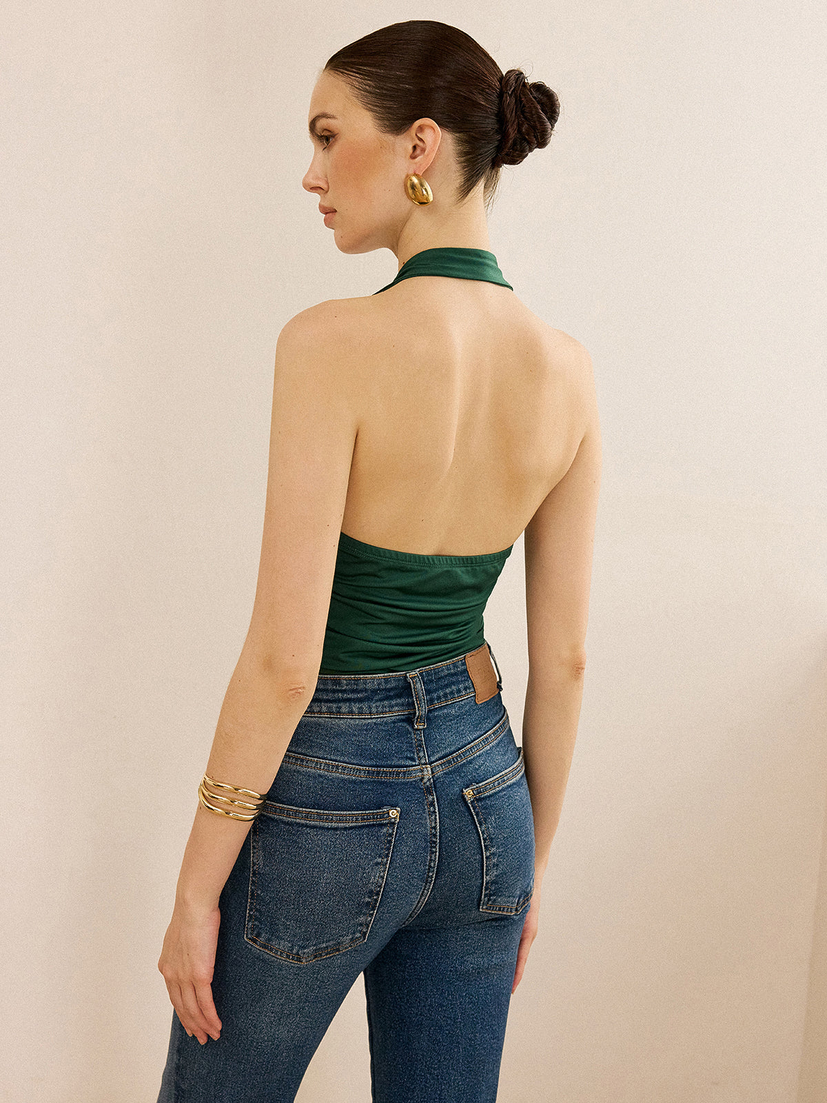 Metal Detailed Halter Neck Backless Top-Chicvia