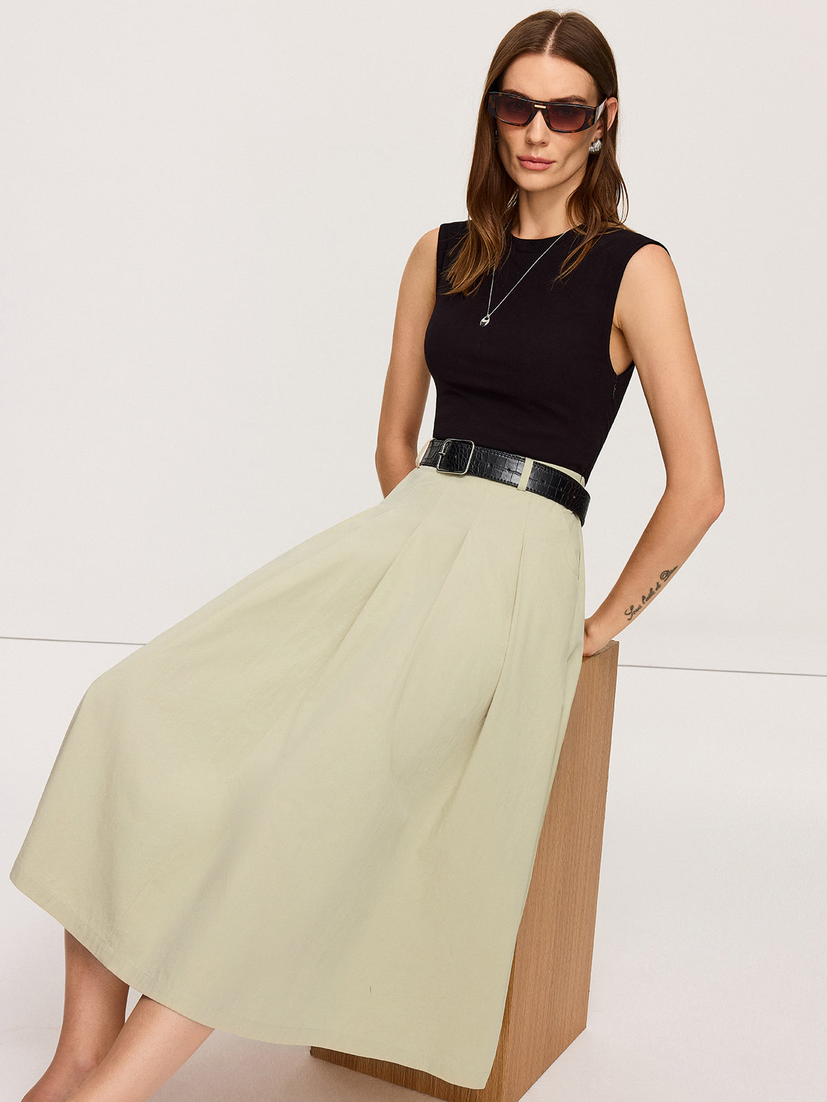 Belted Pleated Two-Tone Midi Dresses-Chicvia
