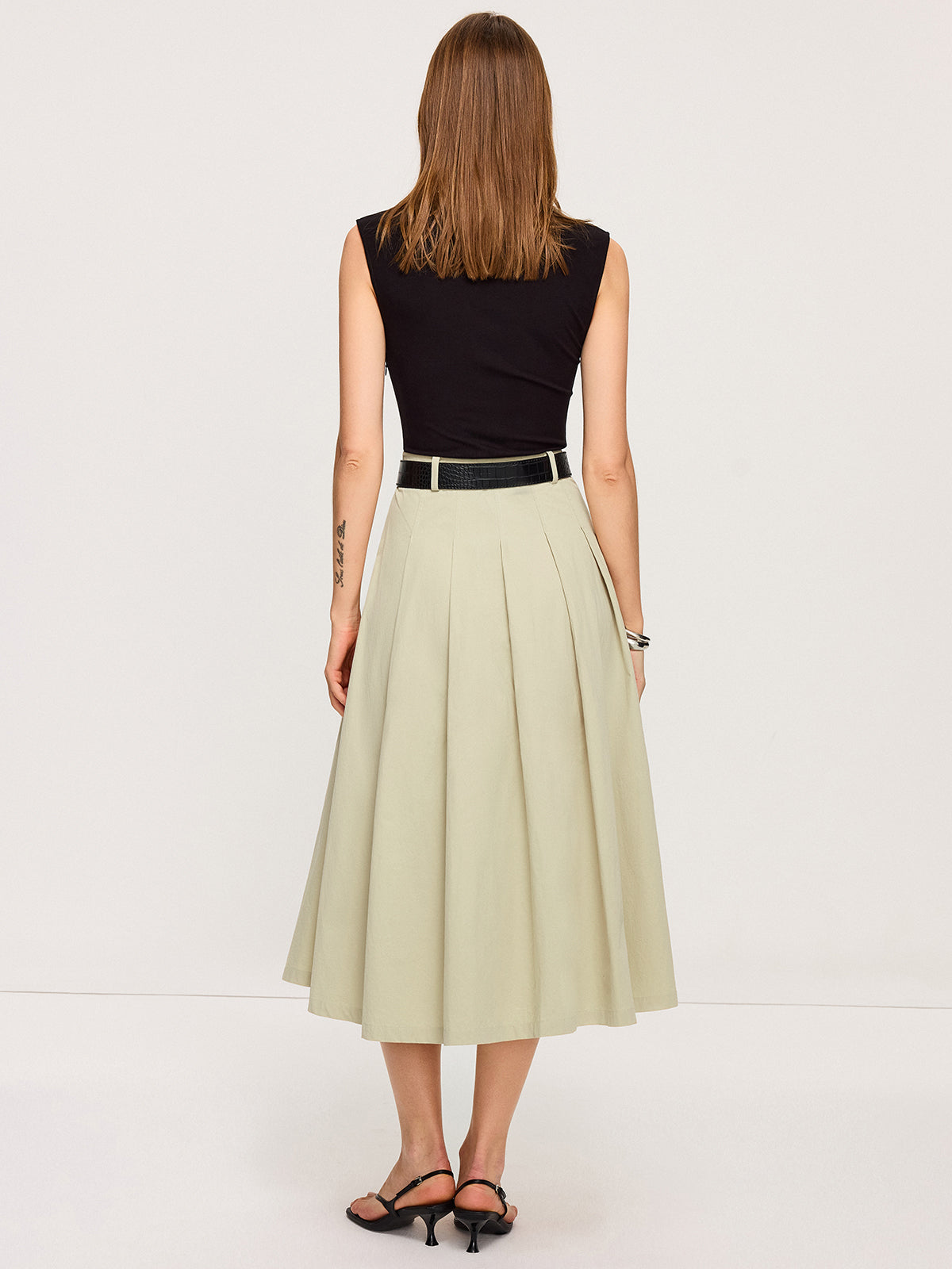 Belted Pleated Two-Tone Midi Dresses-Chicvia