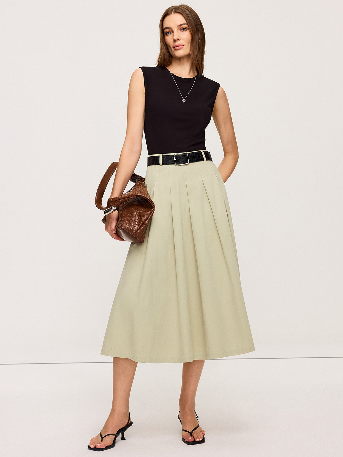 Belted Pleated Two-Tone Midi Dresses-Chicvia