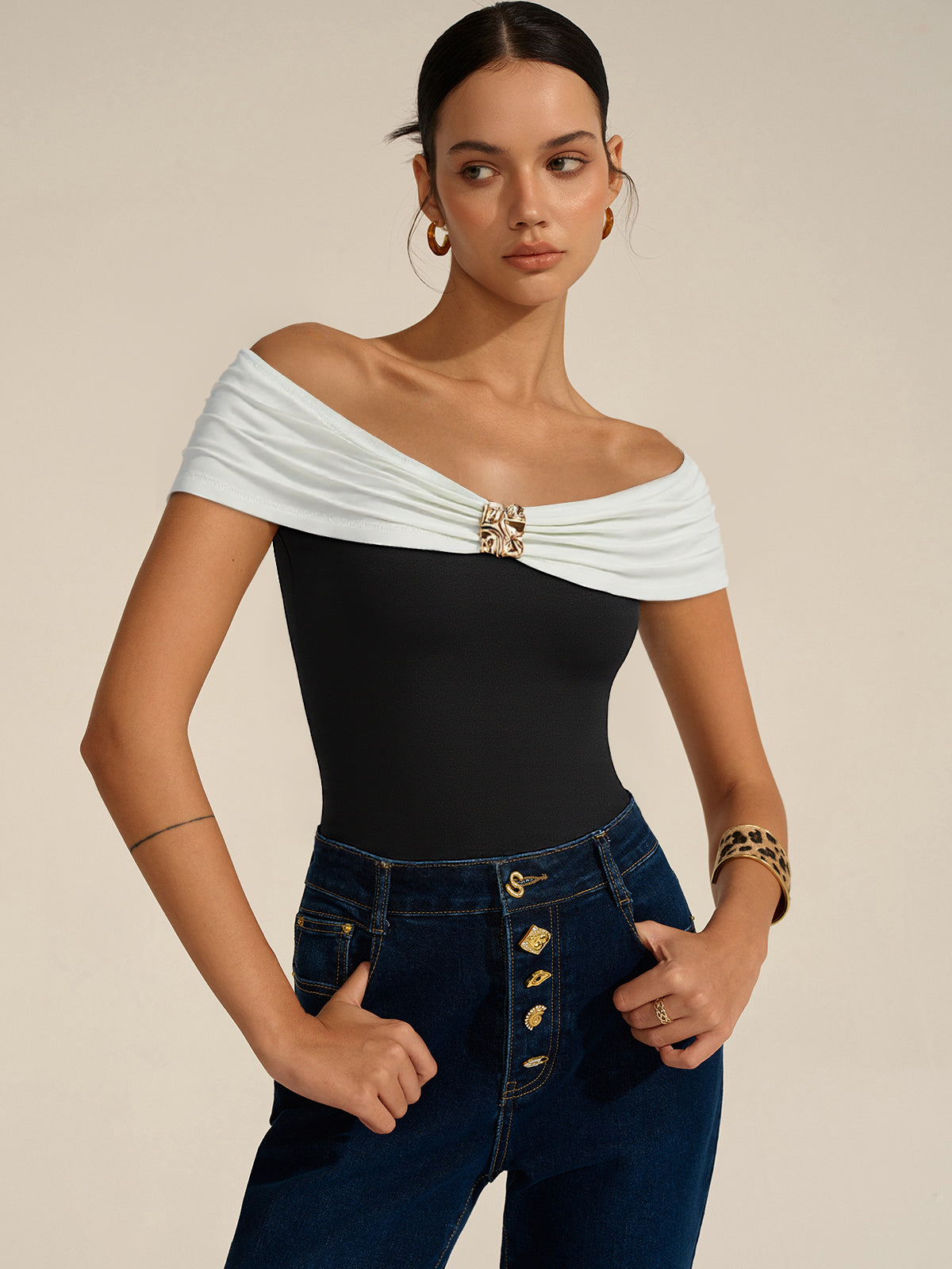 Metal Decor Off-Shoulder Bodysuit-Chicvia