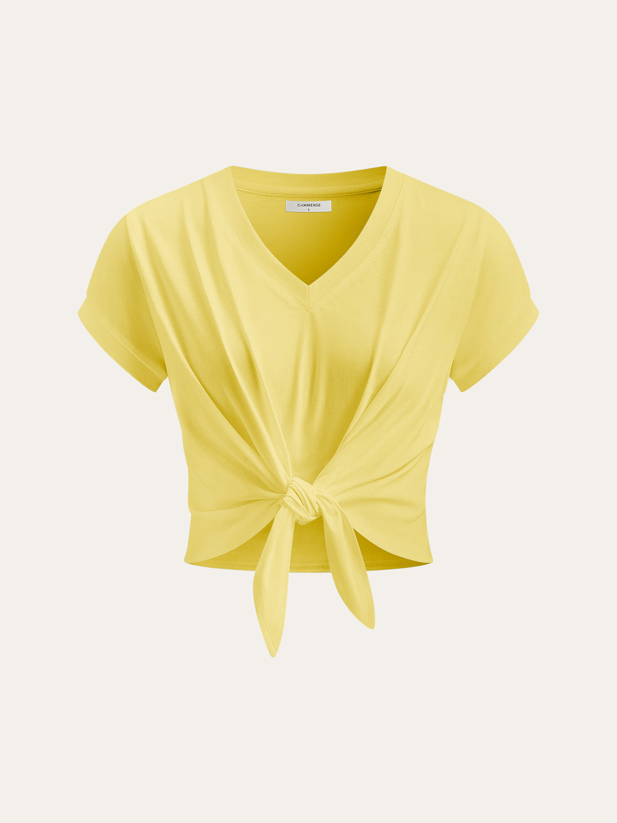 Knot Front V-Neck T-Shirt-Chicvia