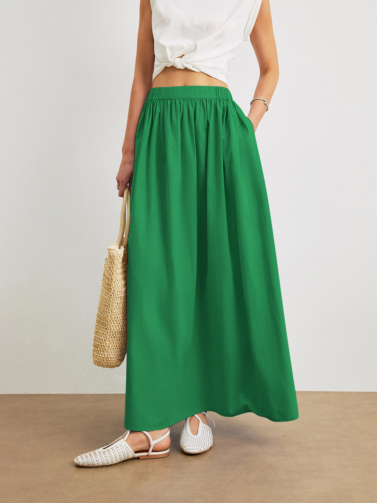 Cotton A-Line Skirt With Pockets-Chicvia