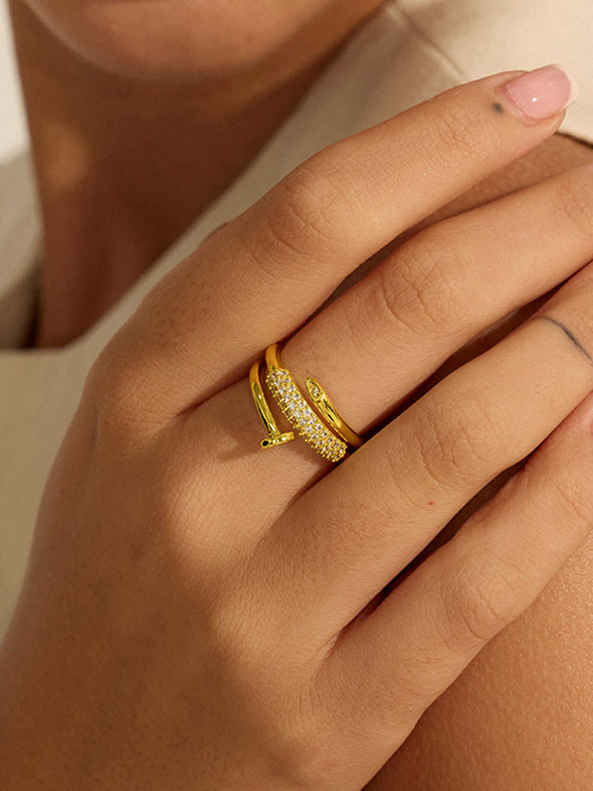 Gold Toned Stack Ring with Diamond-Like Details-Chicvia