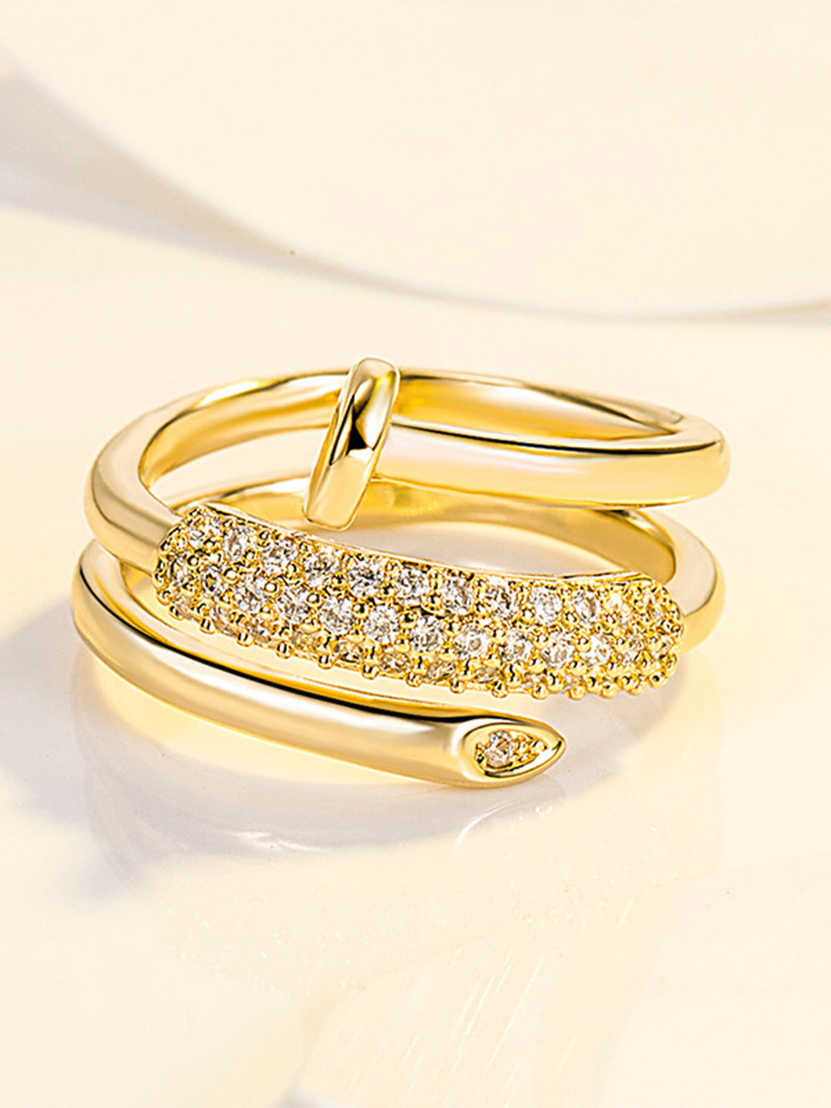 Gold Toned Stack Ring with Diamond-Like Details-Chicvia