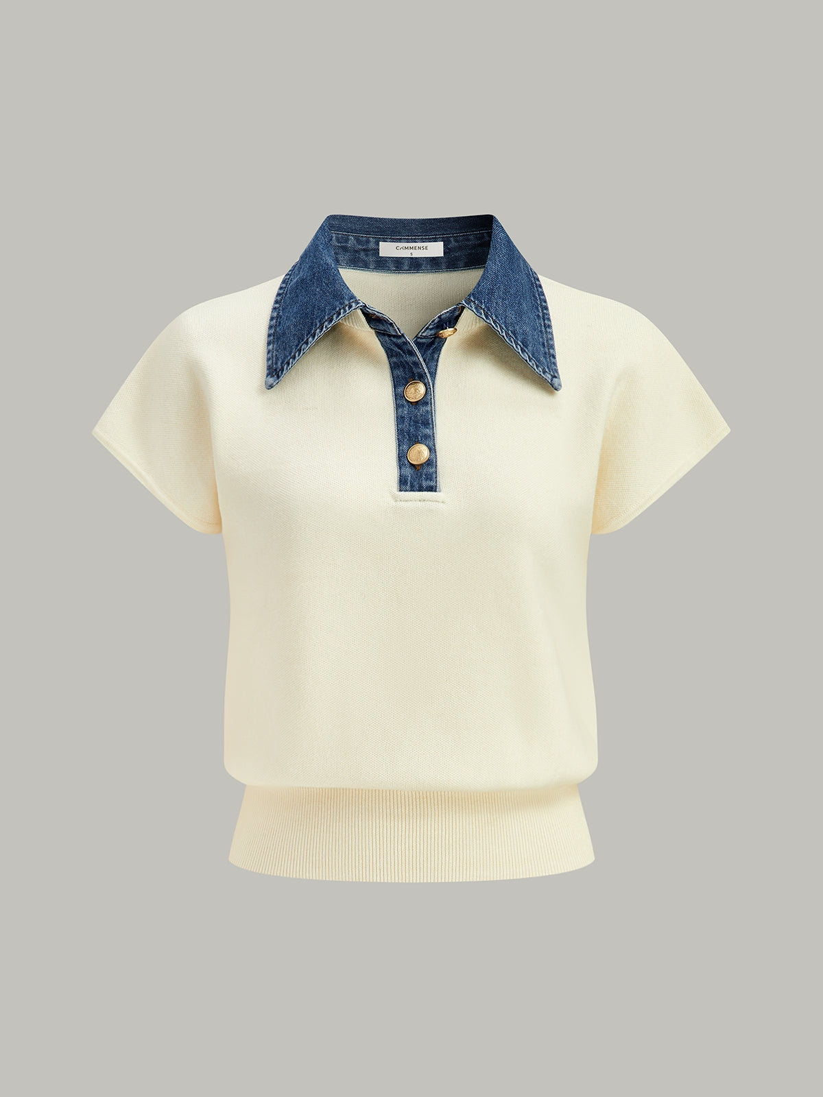 Denim Collar Cinched Knit Top-Chicvia