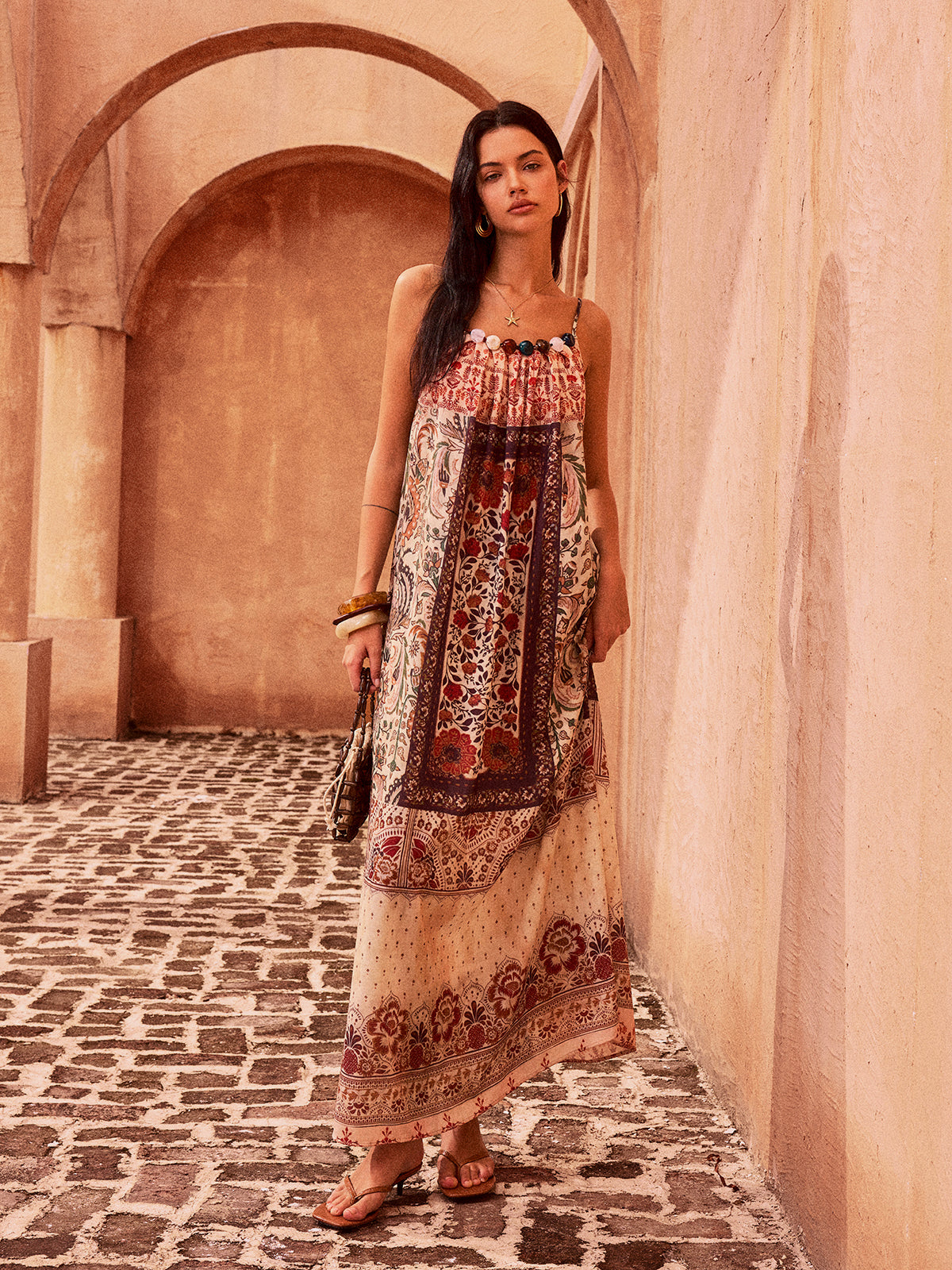 Paisley Printed Beaded Maxi Dress-Chicvia
