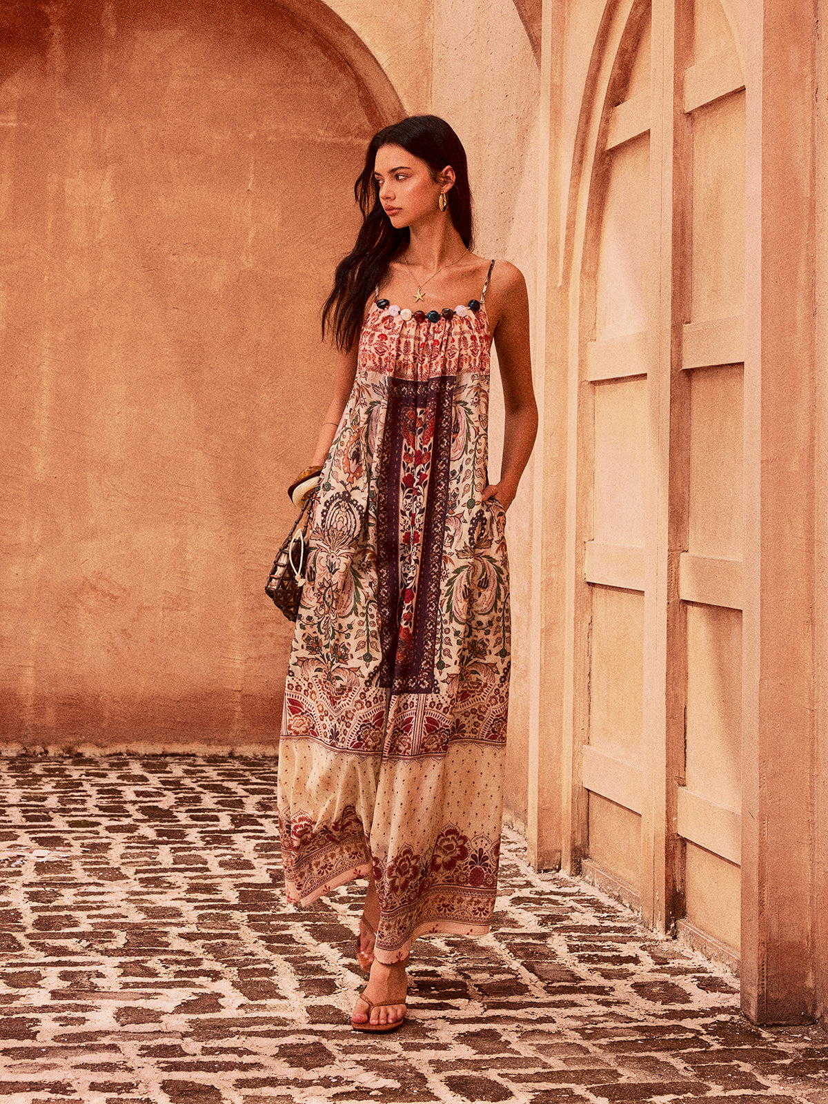 Paisley Printed Beaded Maxi Dress-Chicvia